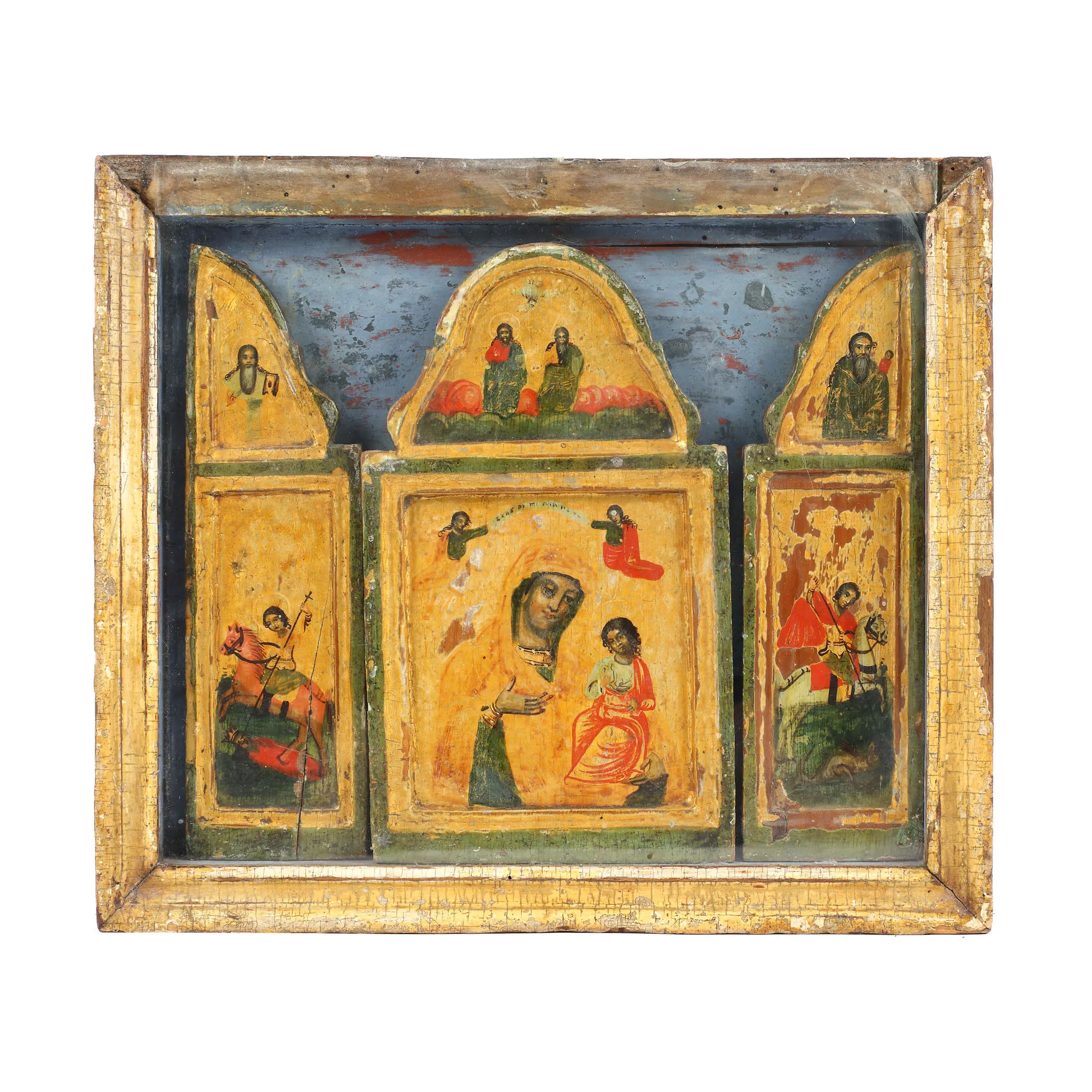 Triptych, "Virgin Mary and the Baby (Hodighitria), Saint Nicholas, Saint George, Saint Dumitru and Saint Antonie", Greek school, late 18th century