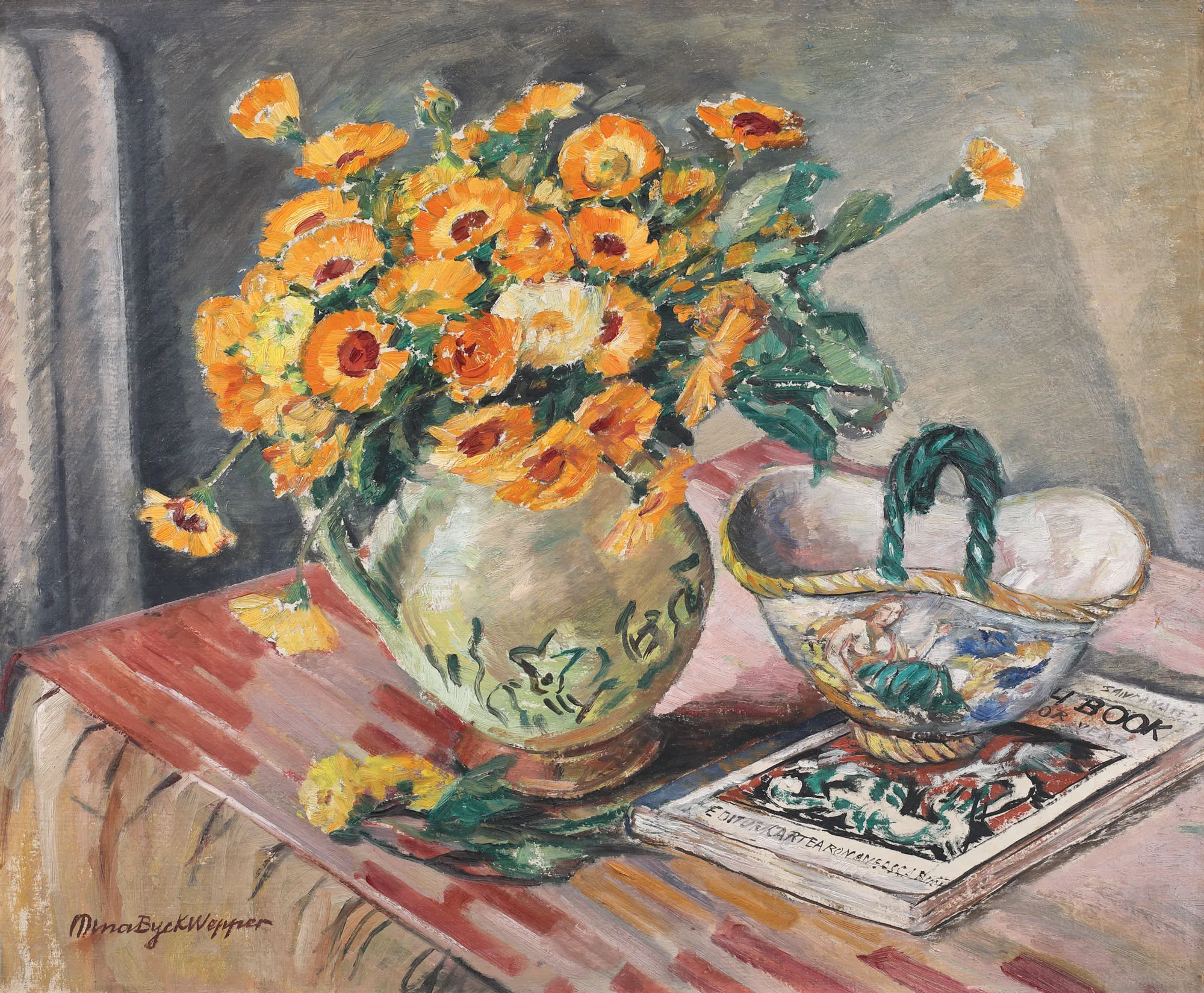 Still Life with Pot with Marigold Flowers and Candy Bowl