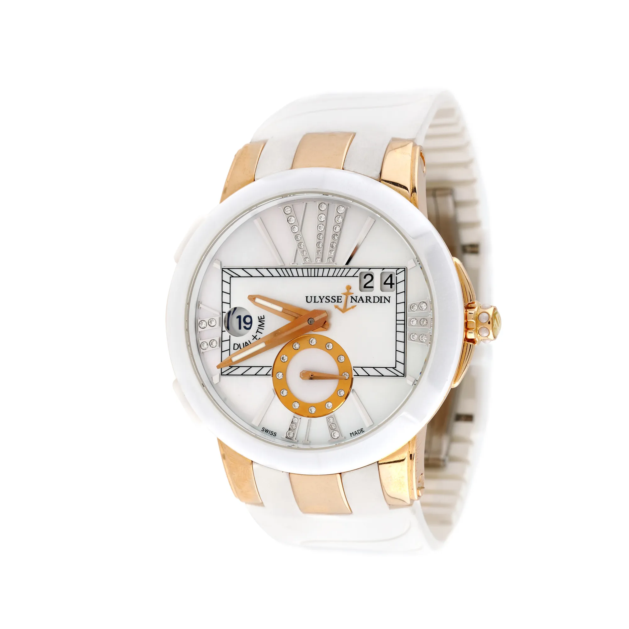 Ceas Ulysse Nardin Executive Dual Time, ornat cu diamante, de mână, de damă, vine însoțit de cardul de garanție