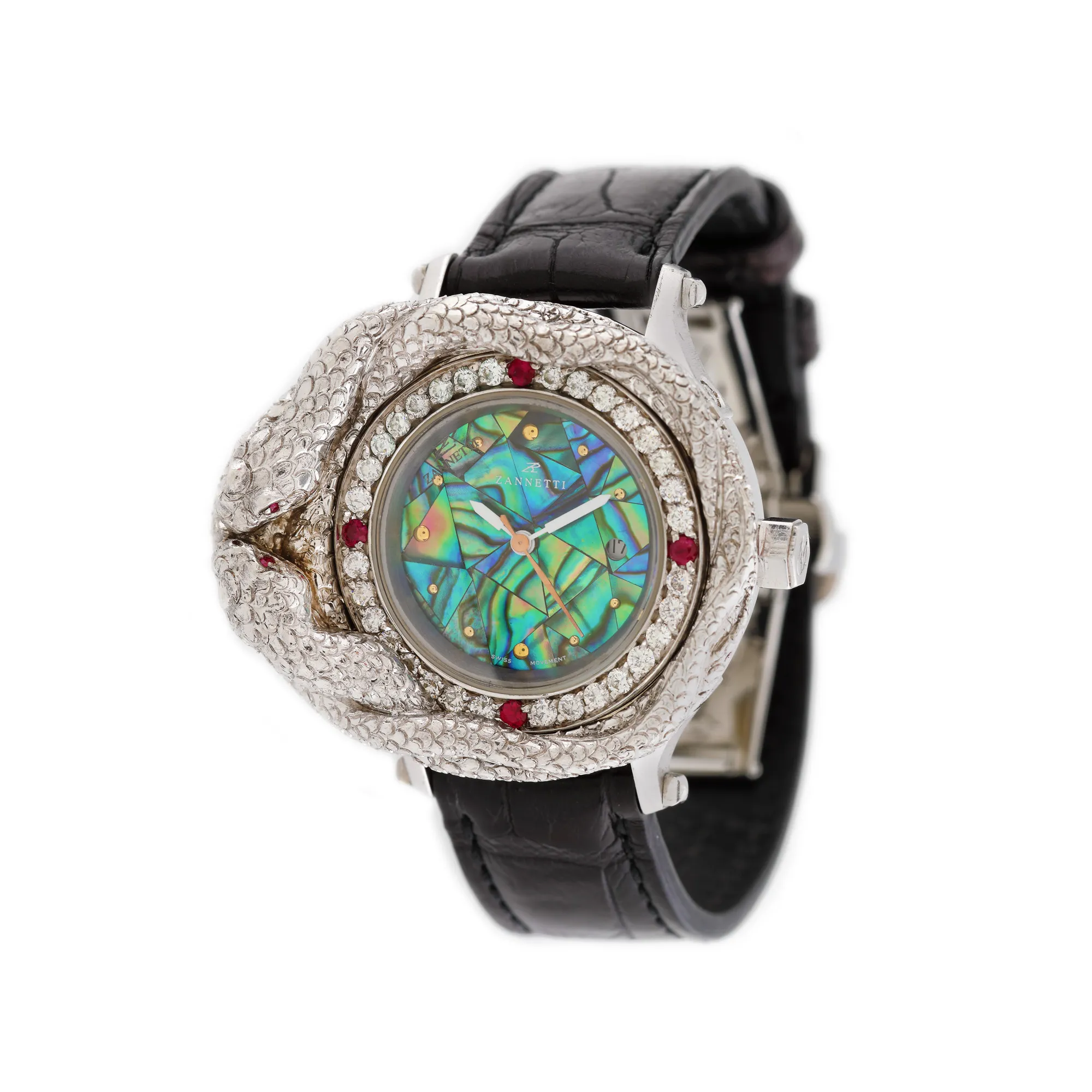Zanneti wristwatch, ladies', decorated with diamonds, rubies, and mother-of-pearl, handcrafted
