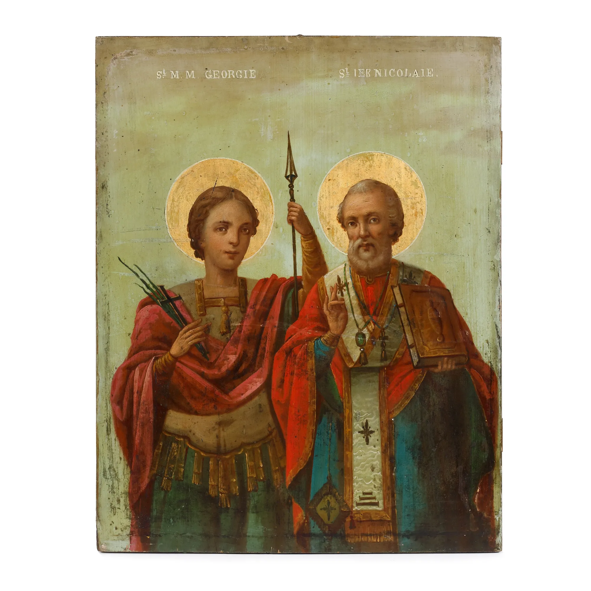 Icoană pe lemn, ”Sfântul Gheorghe și Sfântul Nicolae”, școală românească. sfârșitul sec. XIX - începutul sec. XX