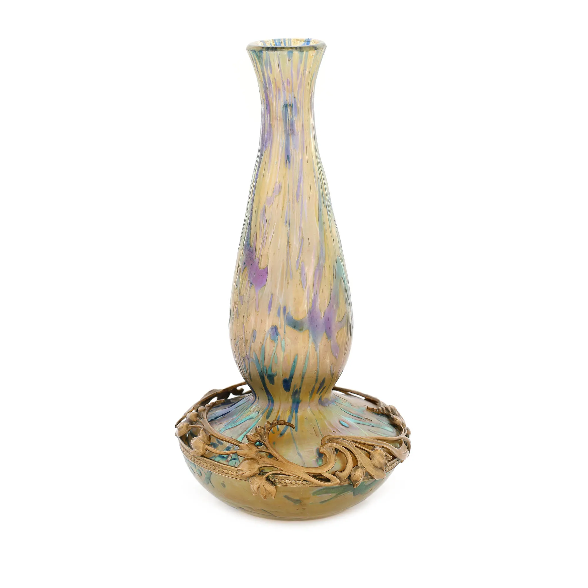 Rară solifloră Art Nouveau Loetz Phaenomen, în suport din bronz aurit decorat cu motive florale, cca. 1900, piesă de colecție