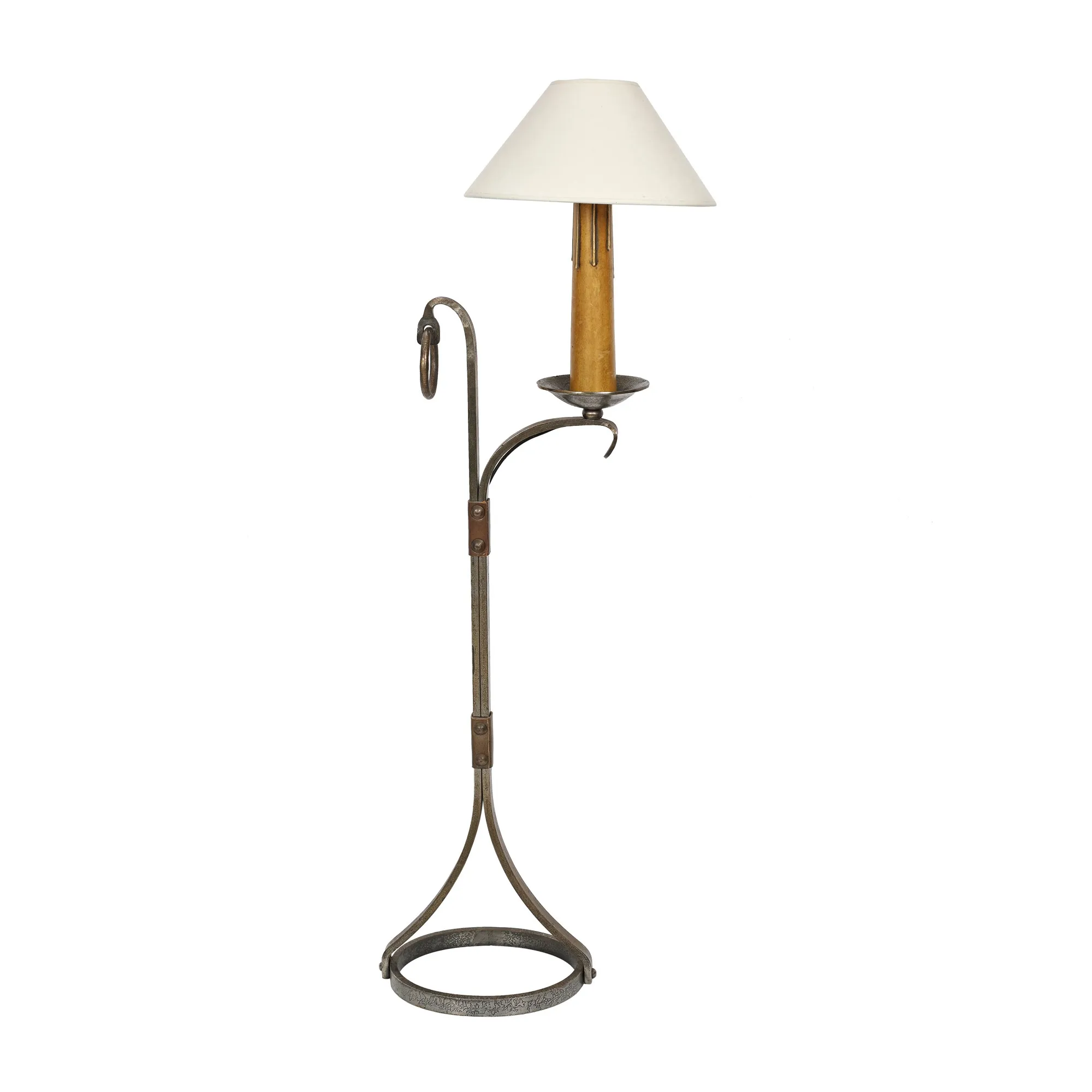 Lampadar Mid-century Jacques Adnet, din fier forjat si martelat, decorat cu elemente de piele, cca. 1950