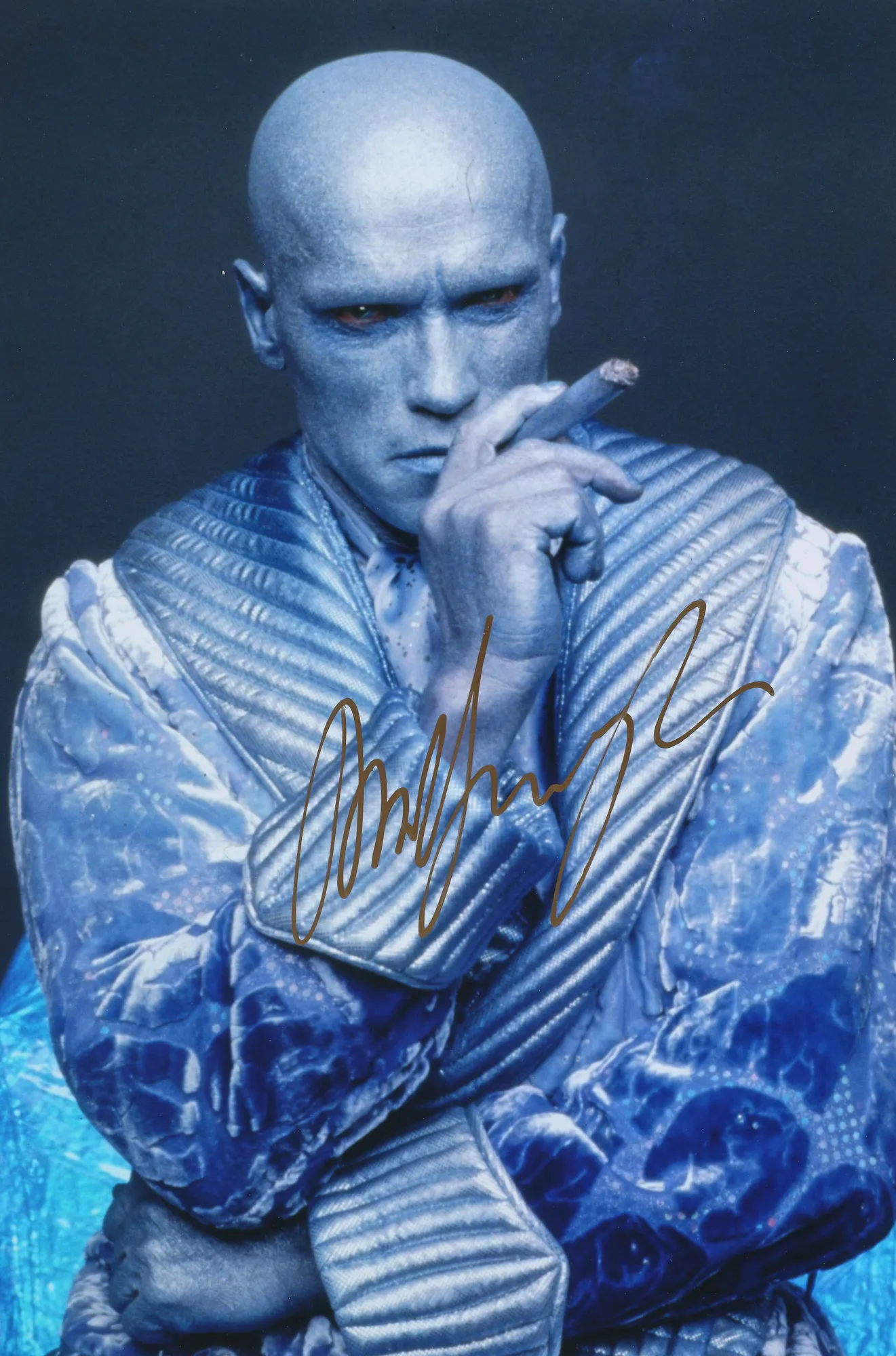 Fotografie ilustrându-l pe Mr. Freeze, jucat de Arnold Schwarzenegger, cu semnatura olografă a actorului, însoțită de certificatul de autenticitate
