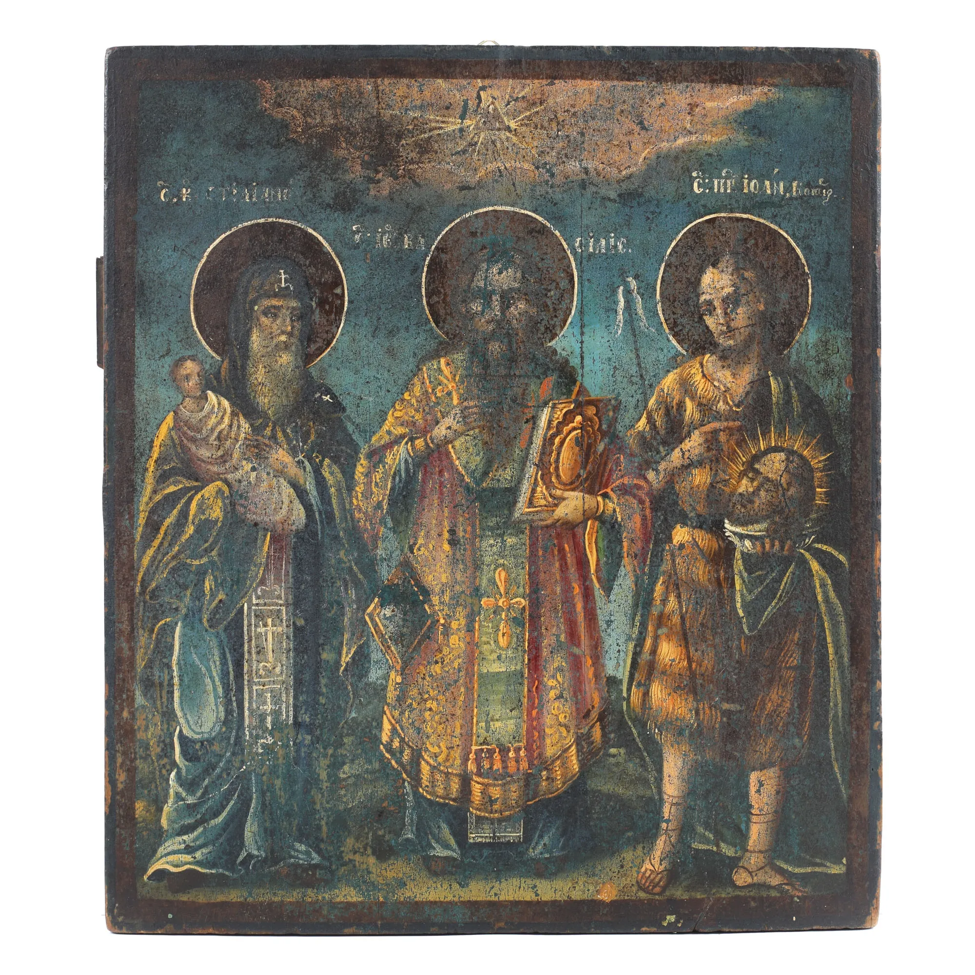 Wooden icon, "Saint Stelian - Protector of Children, Saint Hierarch Vasile, and Saint John the Baptist," Romanian transitional school, first half of the 19th century, rare piece