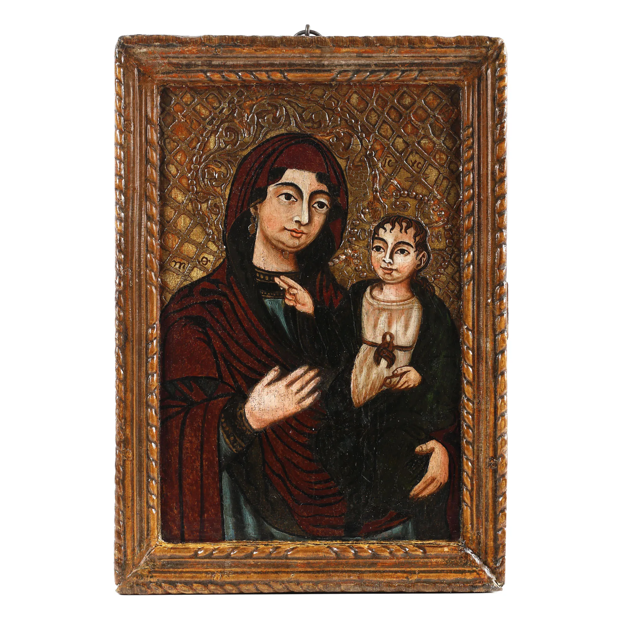 Icoană pe lemn, ”Maica Domnului cu Pruncul (Hodighitria), ramă sculptată, școală transilvăneană, 1804