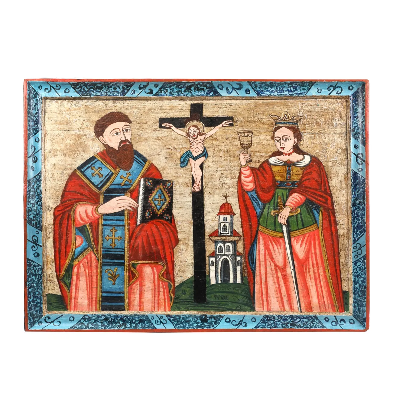 Royal icon on wood, "Jesus Crucified, The Holy Hierarch Vasile and Saint Varvara", painted frame, Transylvanian school, early 19th century