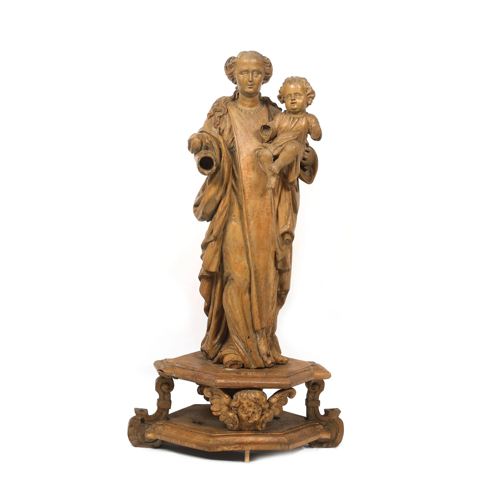 Statuetă din lemn, ”Fecioara Maria cu Pruncul”, atelier transilvănean, sec. XIX
