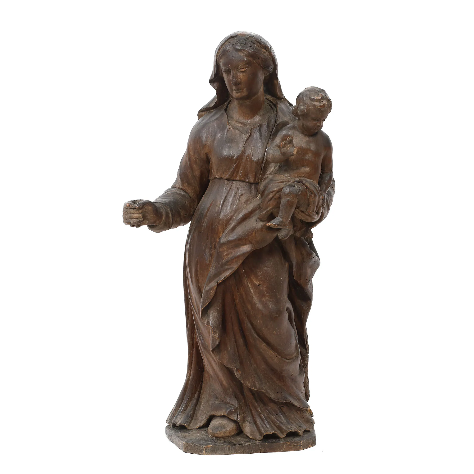 Statuetă din lemn, ”Fecioara Maria cu Pruncul”, atelier transilvănean, sec. XIX