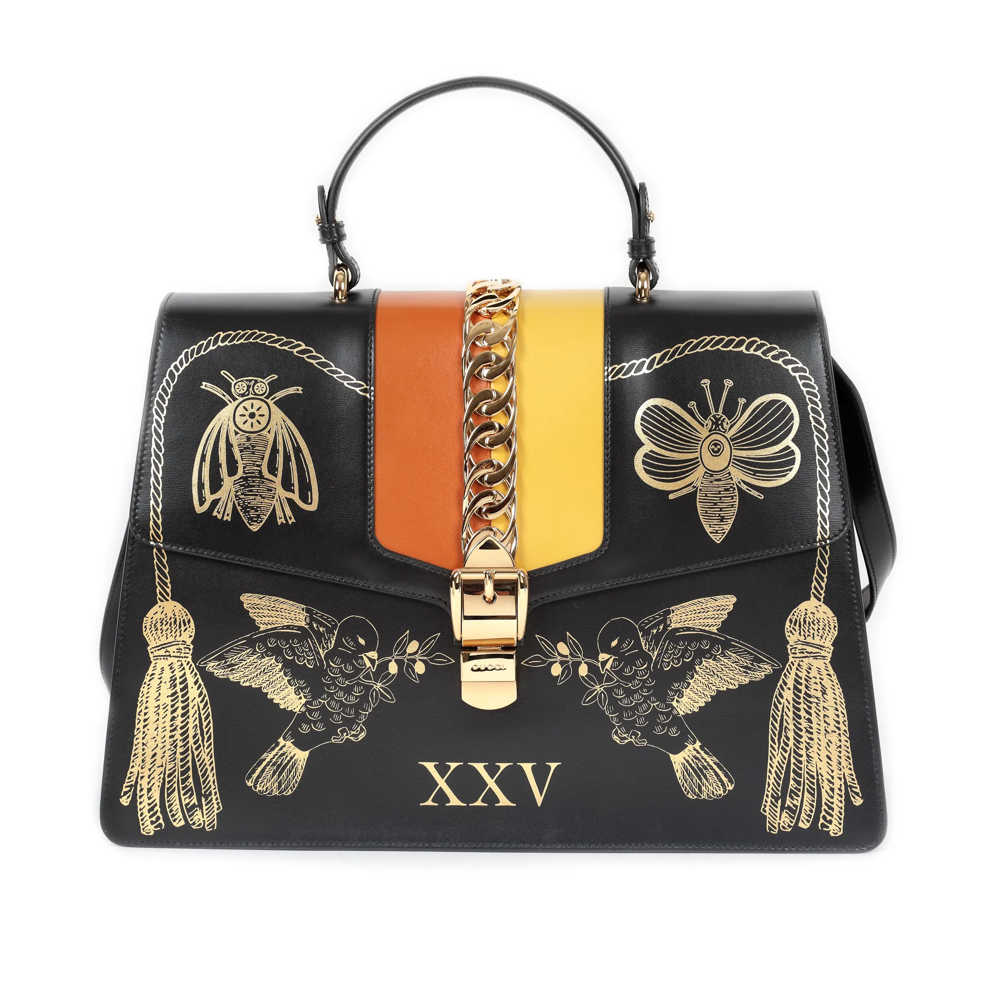 ”Sylvie” - geantă Gucci, din piele, de culoare neagră, decorată cu print păsări și insecte, dungi bicolore și aplicație metalică, însoțită de husa originală