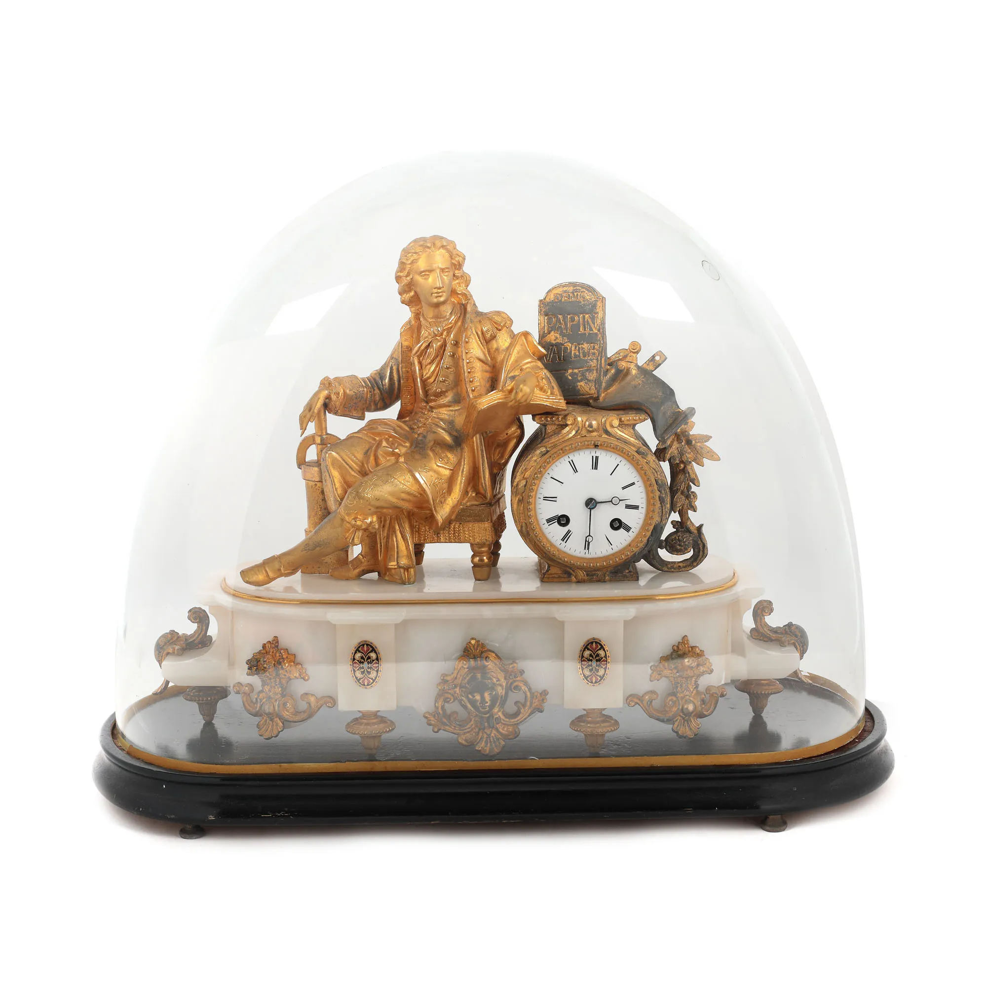 Fireplace clock, decorated with a doré bronze sculpture, depicting the physicist Denis Papin, mounted on a marble base, late 19th century