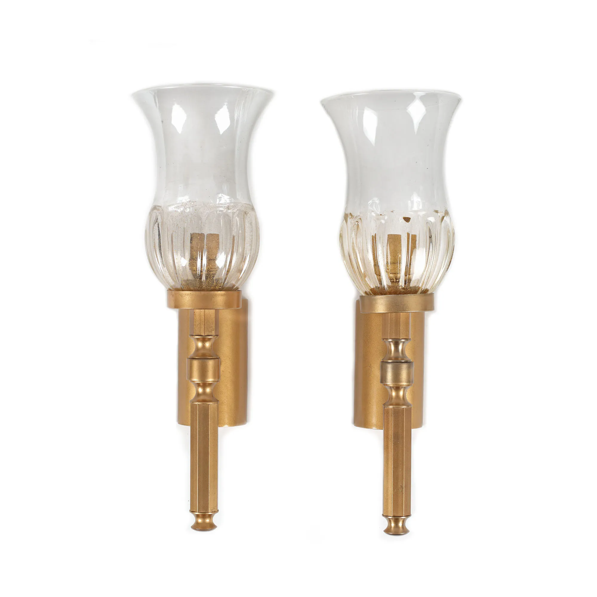 Pair of mid-century sconces, gilded bronze frame Jules Leleu and crystal with gold inclusions Maison Veronese