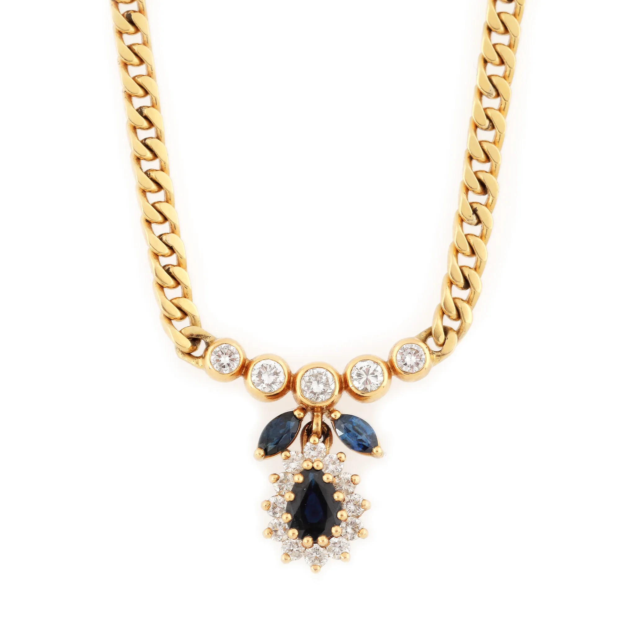 Gold necklace, decorated with diamonds and sapphires