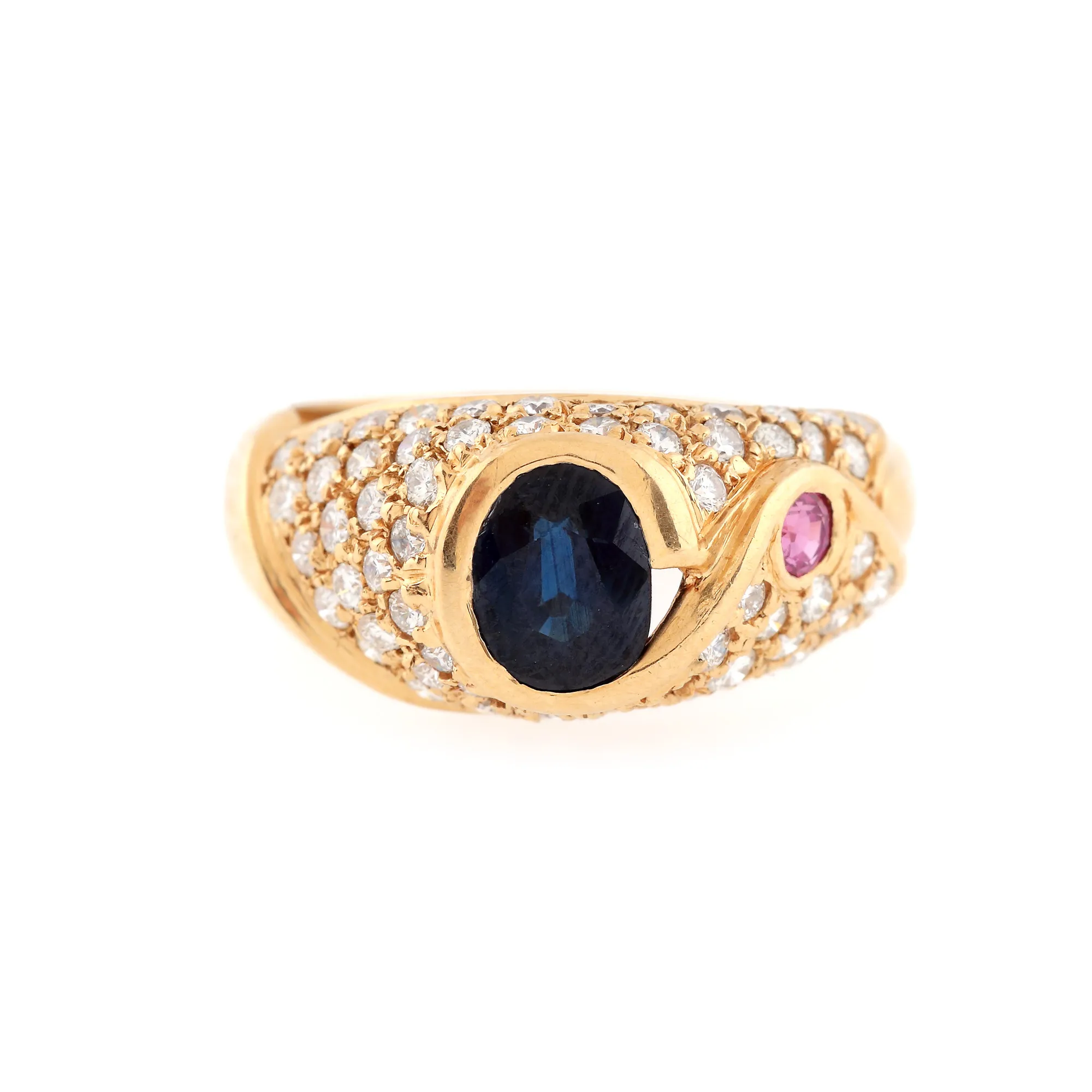Gold ring, decorated with sapphire, ruby and diamonds