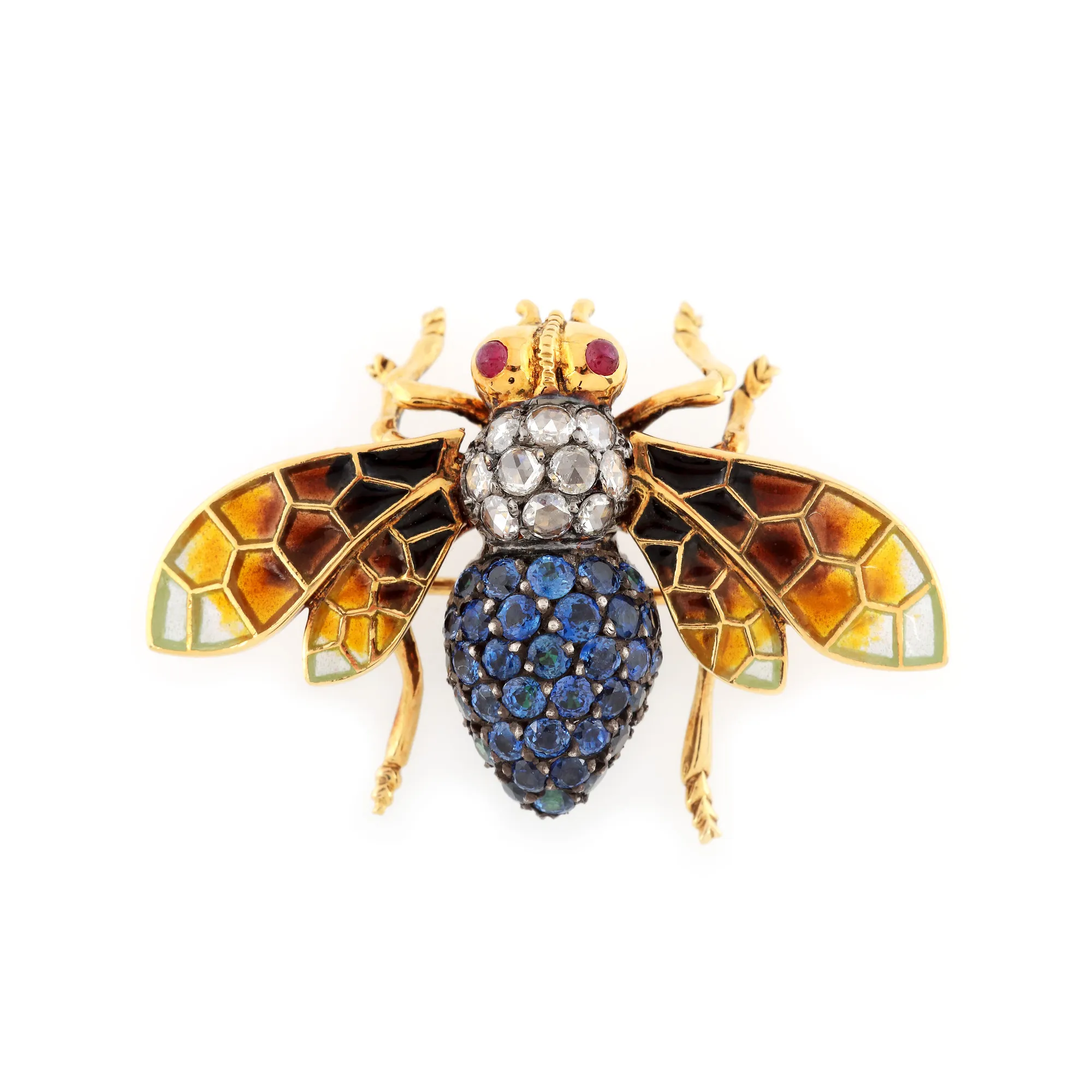 ”L'abeille Volante” - broșă Süha Bedestenci din aur, în forma unei albine, decorată en tremblant cu safire, diamante, rubine și email plique-à-jour