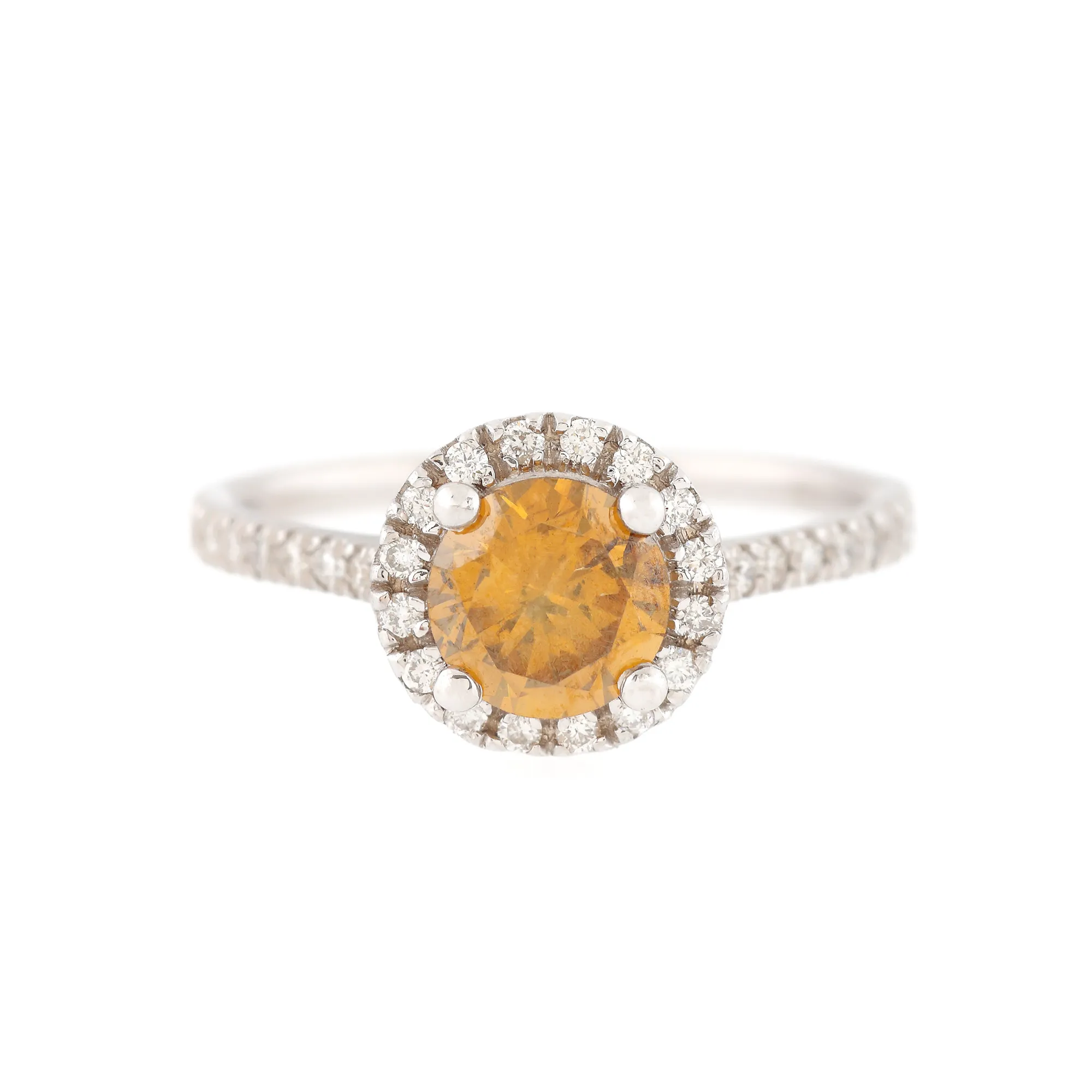 White gold ring, centrally decorated with a yellow diamond surrounded by brilliant cut diamonds