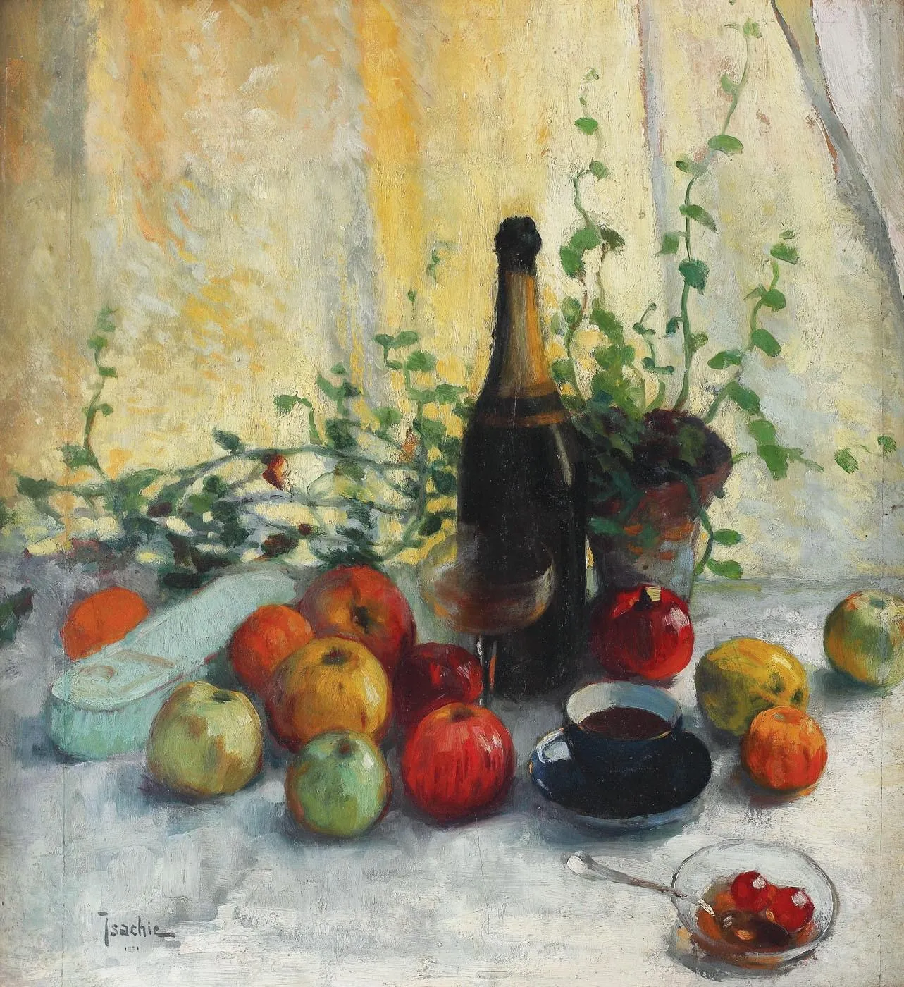 Still life with apples and a champagne bottle