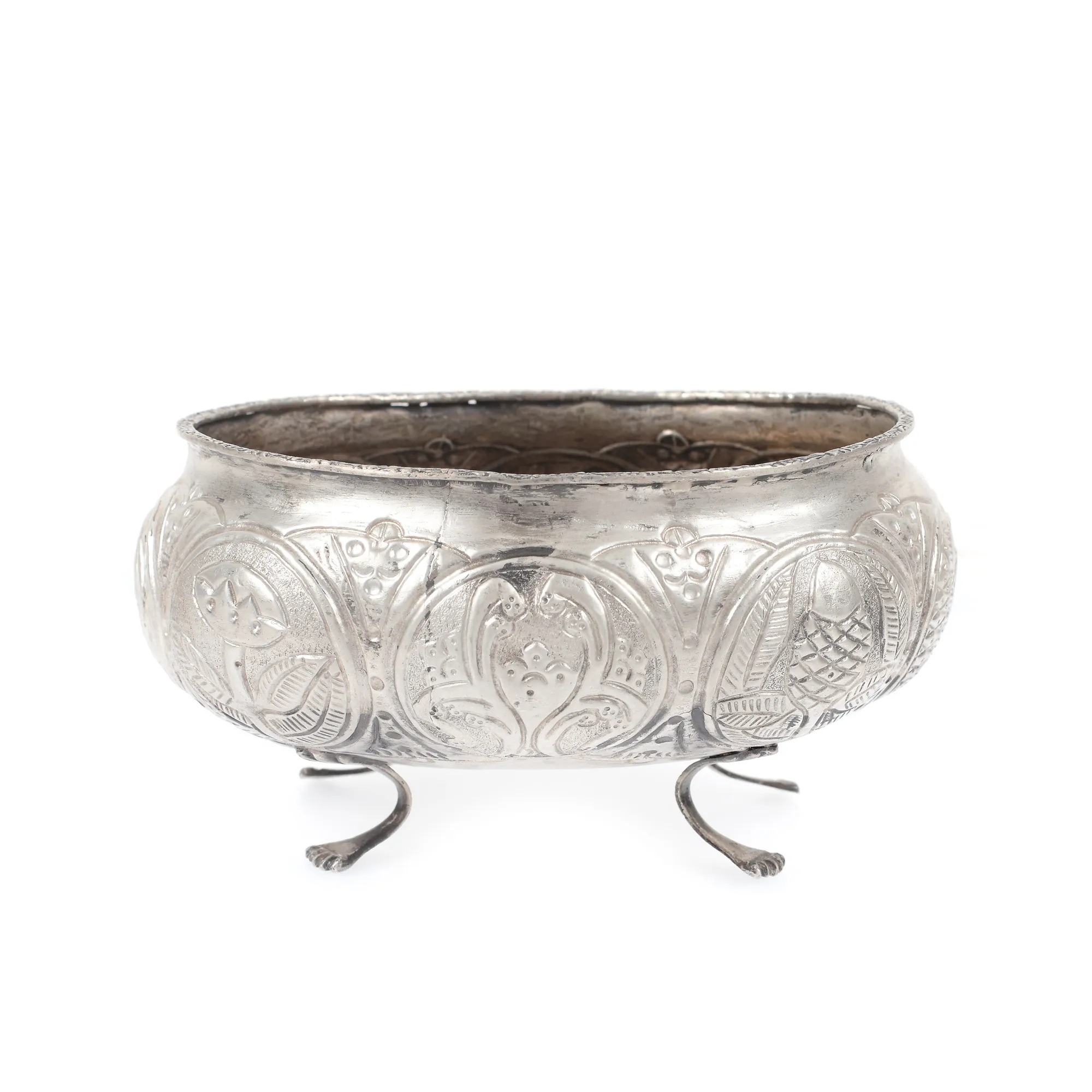 Silver metal bowl, decorated with sailor motifs in the repoussé technique, Corfu, Greece, early 20th century