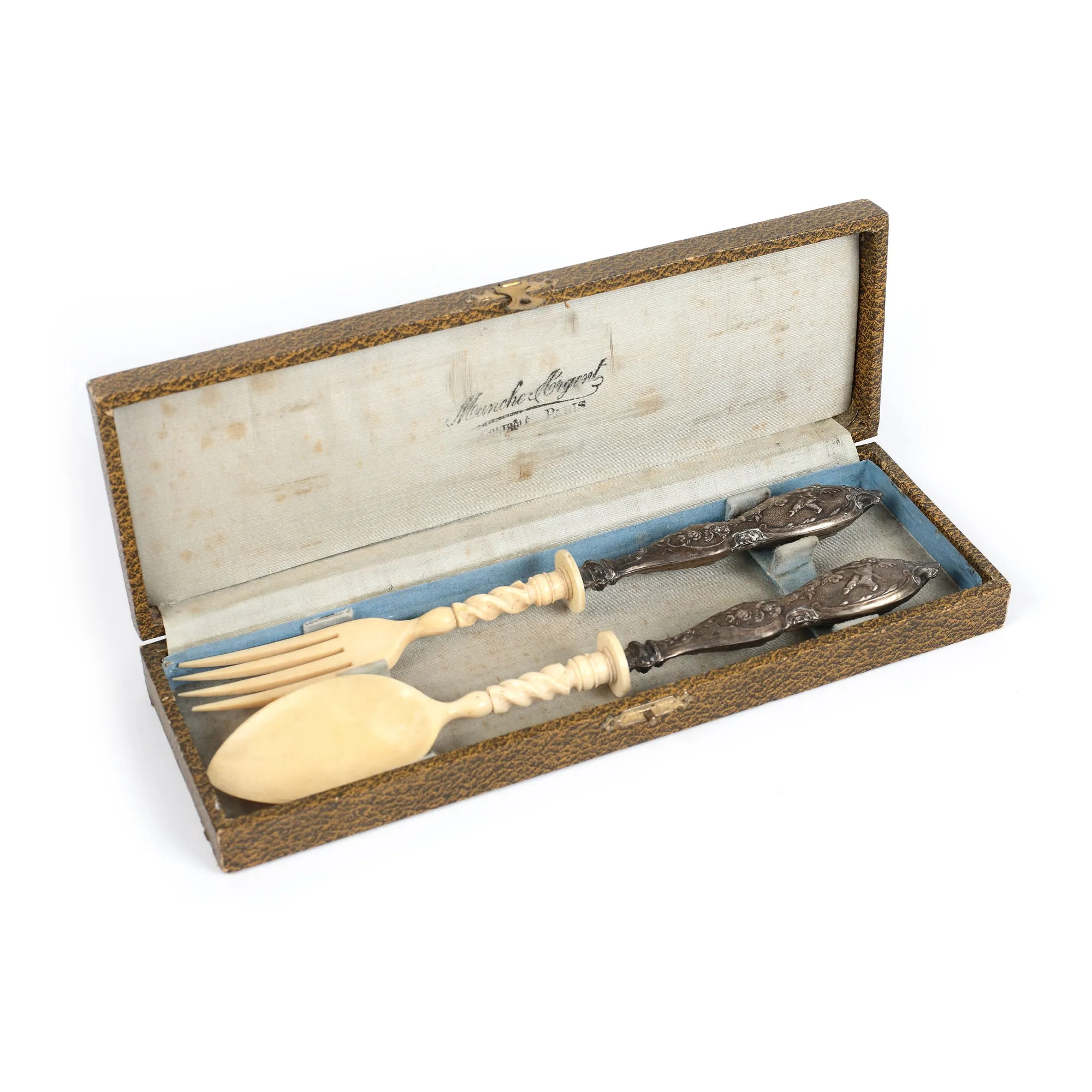 A set of fork and spoon, with handles decorated with putti
