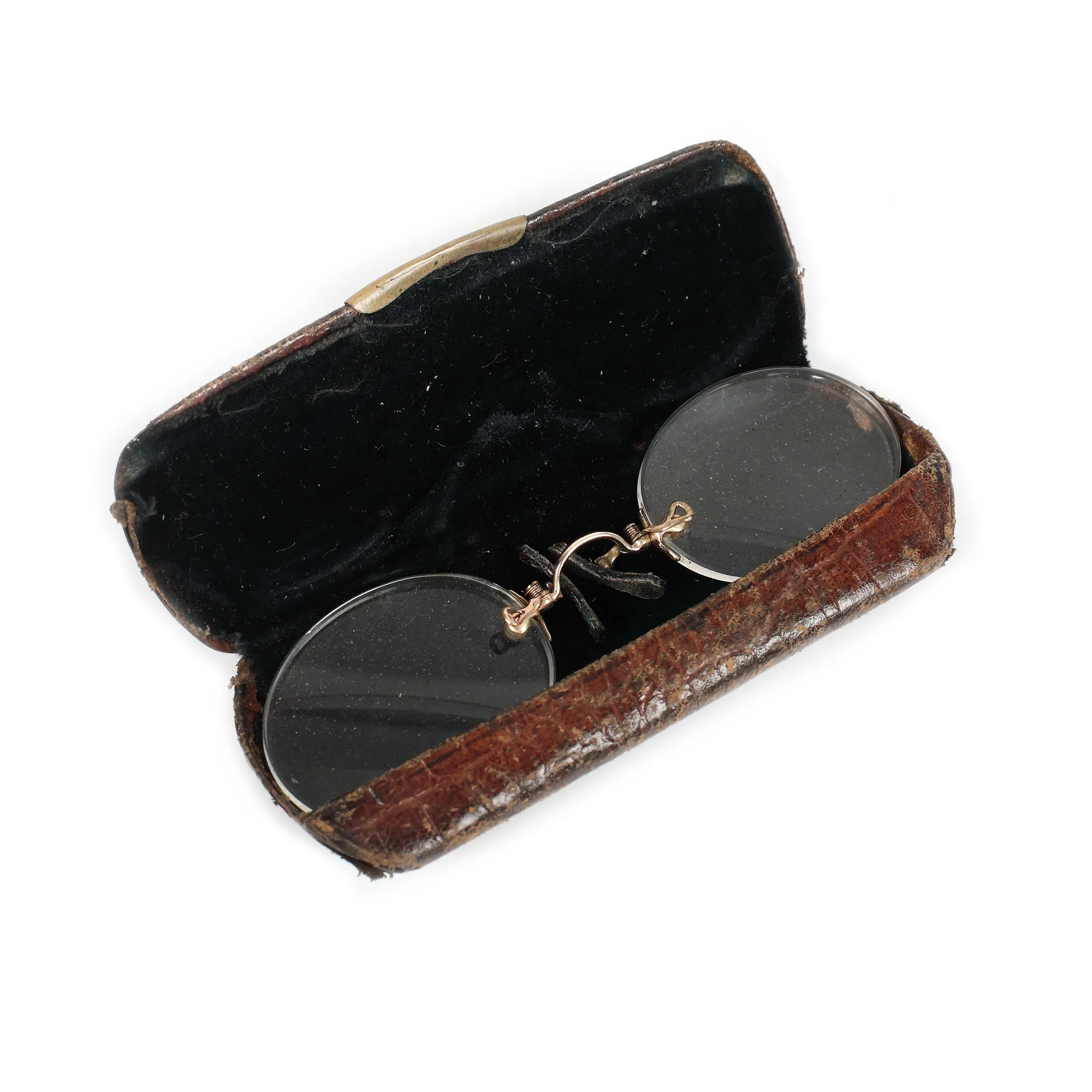 Pereche de ochelari vintage fără brațe, de vedere, însoțită de etui