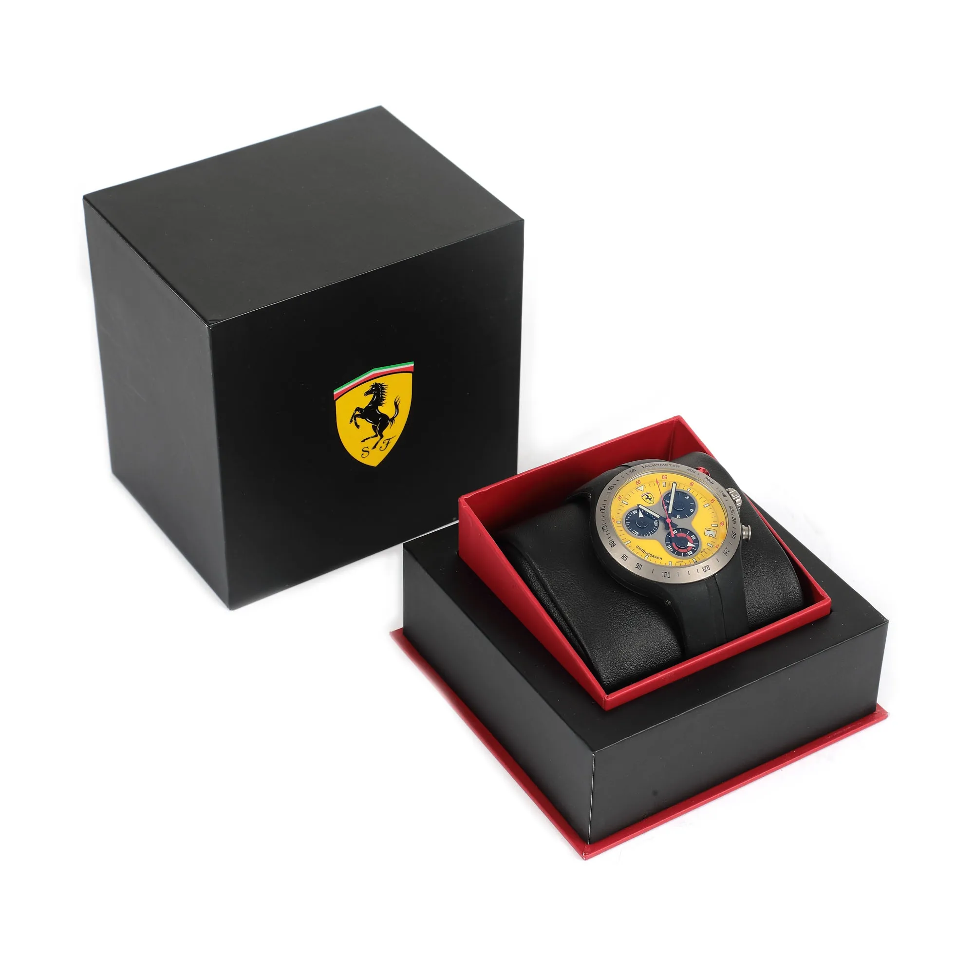 Scuderia Ferrari Yellow Jumbo Tachymeter Watch, titanium, hand-wound, men's, limited edition, 150th anniversary edition commemorating Rome's declaration as the capital of Italy, accompanied by the original box