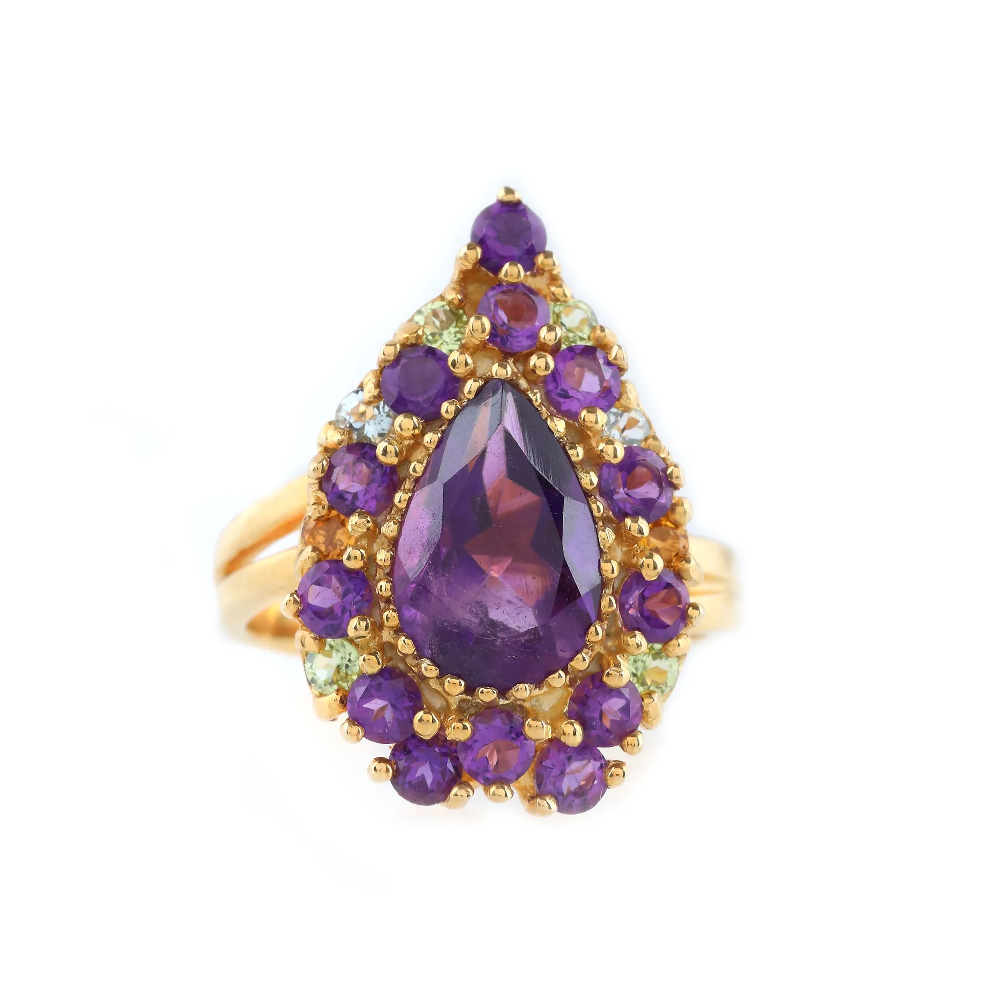 Gold-plated silver ring decorated with amethysts, topazes, and peridotes