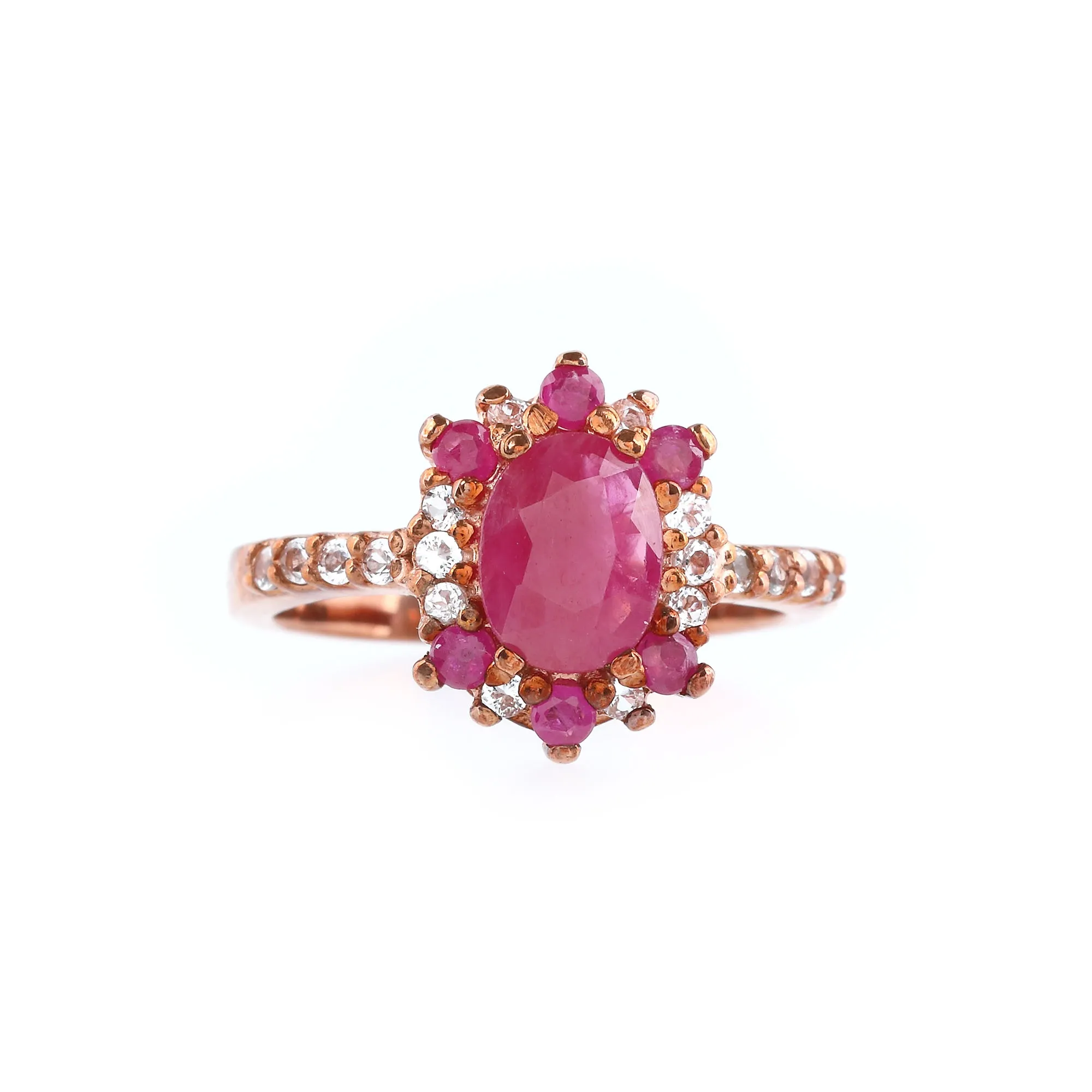Art Deco silver ring with rose gold plating, decorated with rubies and topazes