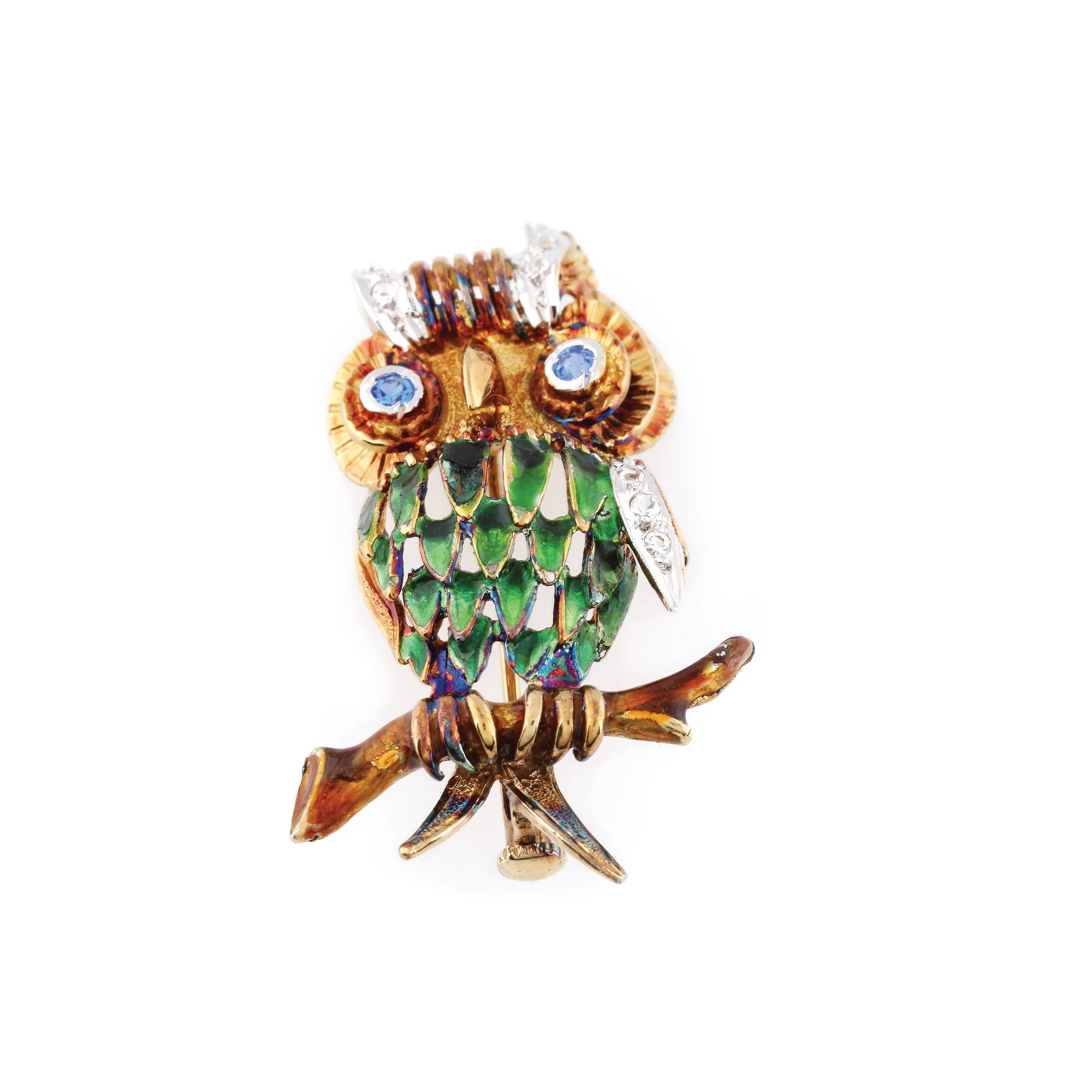 Owl - gold-plated silver brooch decorated with enamel and ornamental stones