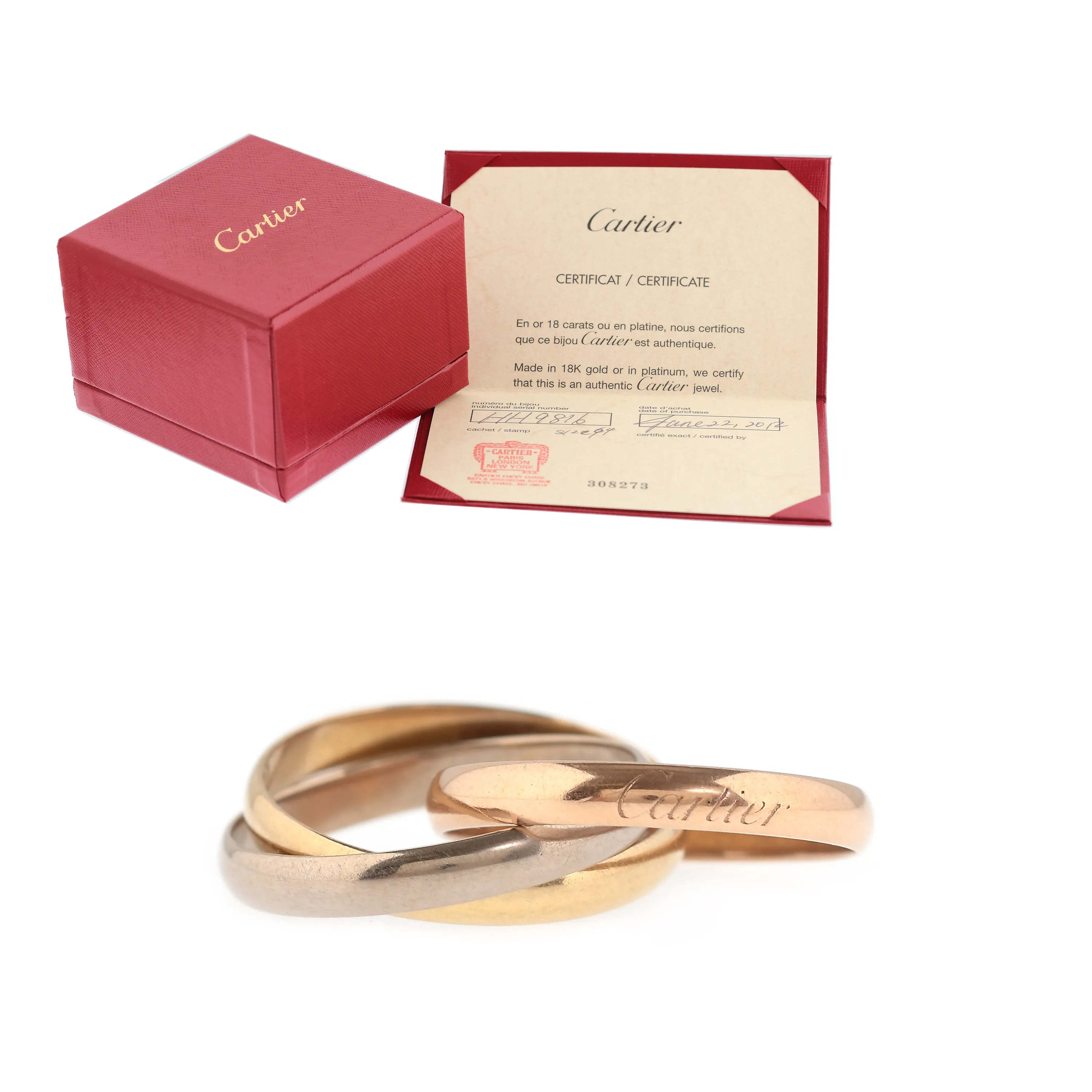 Inel Cartier Trinity, din aur în trei culori, însoțit de cutie originală și de certificat de autenticitate
