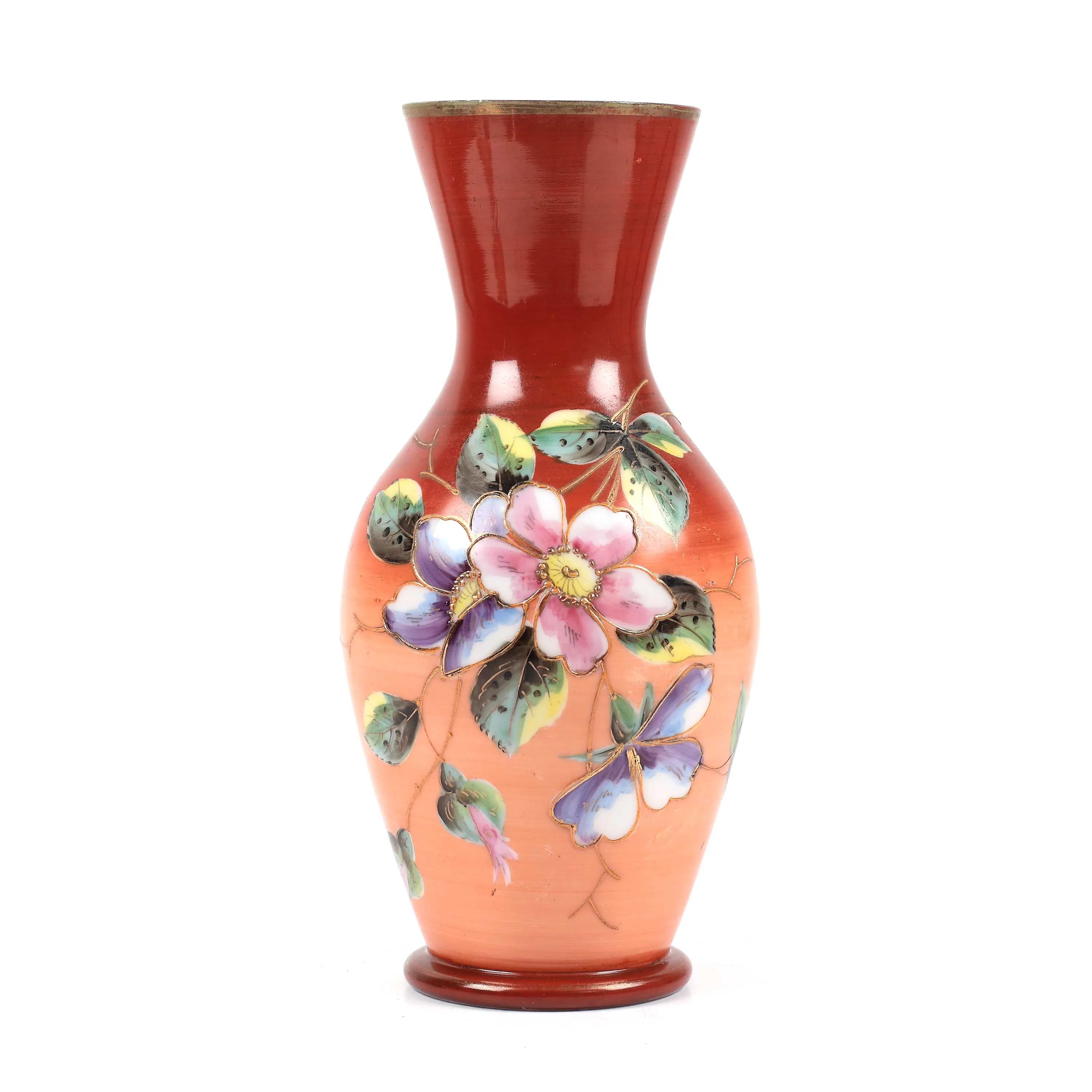 Vas Biedermeier din sticlă, pictat cu email și aur, cu decor floral, cca. 1850