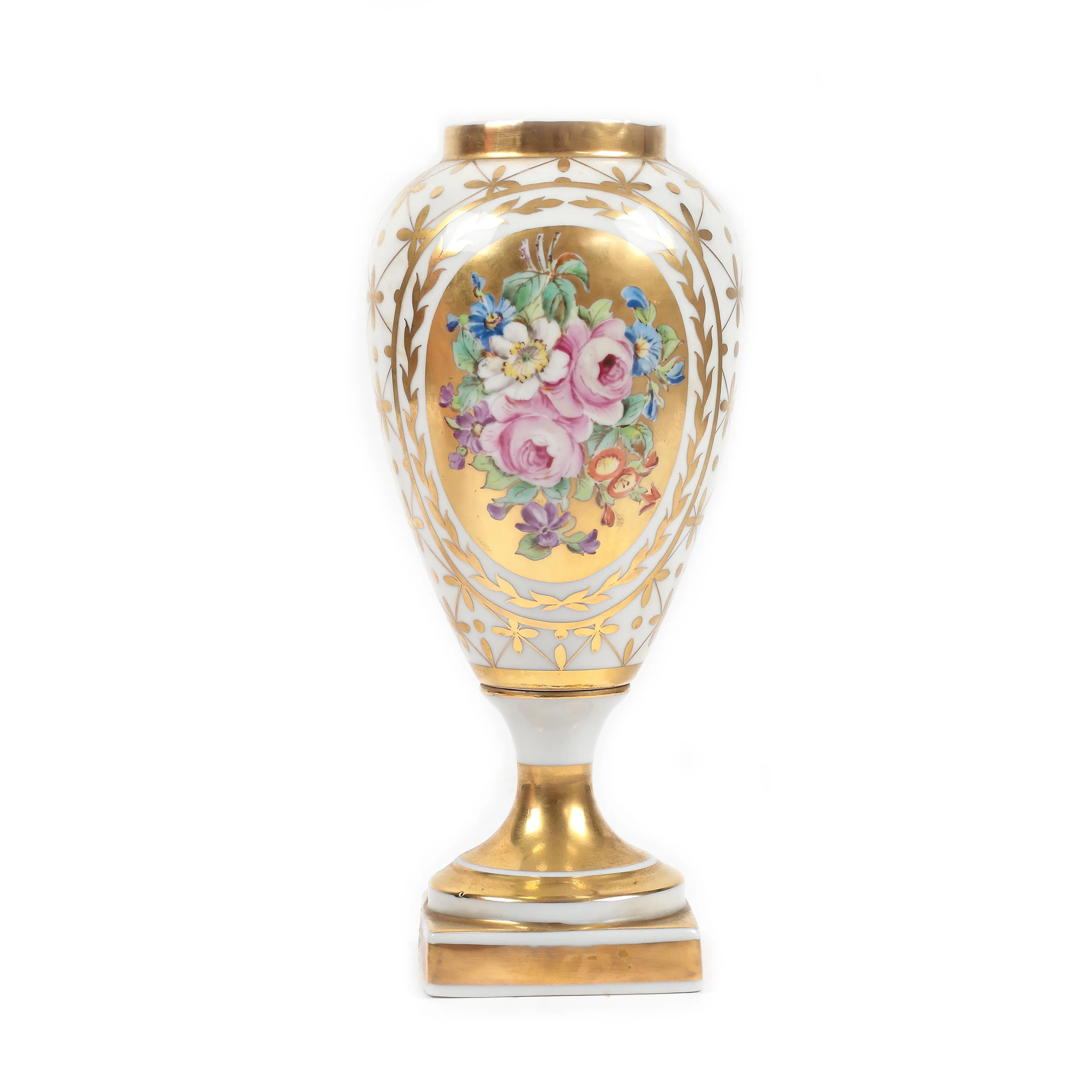 Limoges porcelain vase, in Neo-Classical style, with floral decoration, hand-painted with enamel and colloidal gold, late 19th century