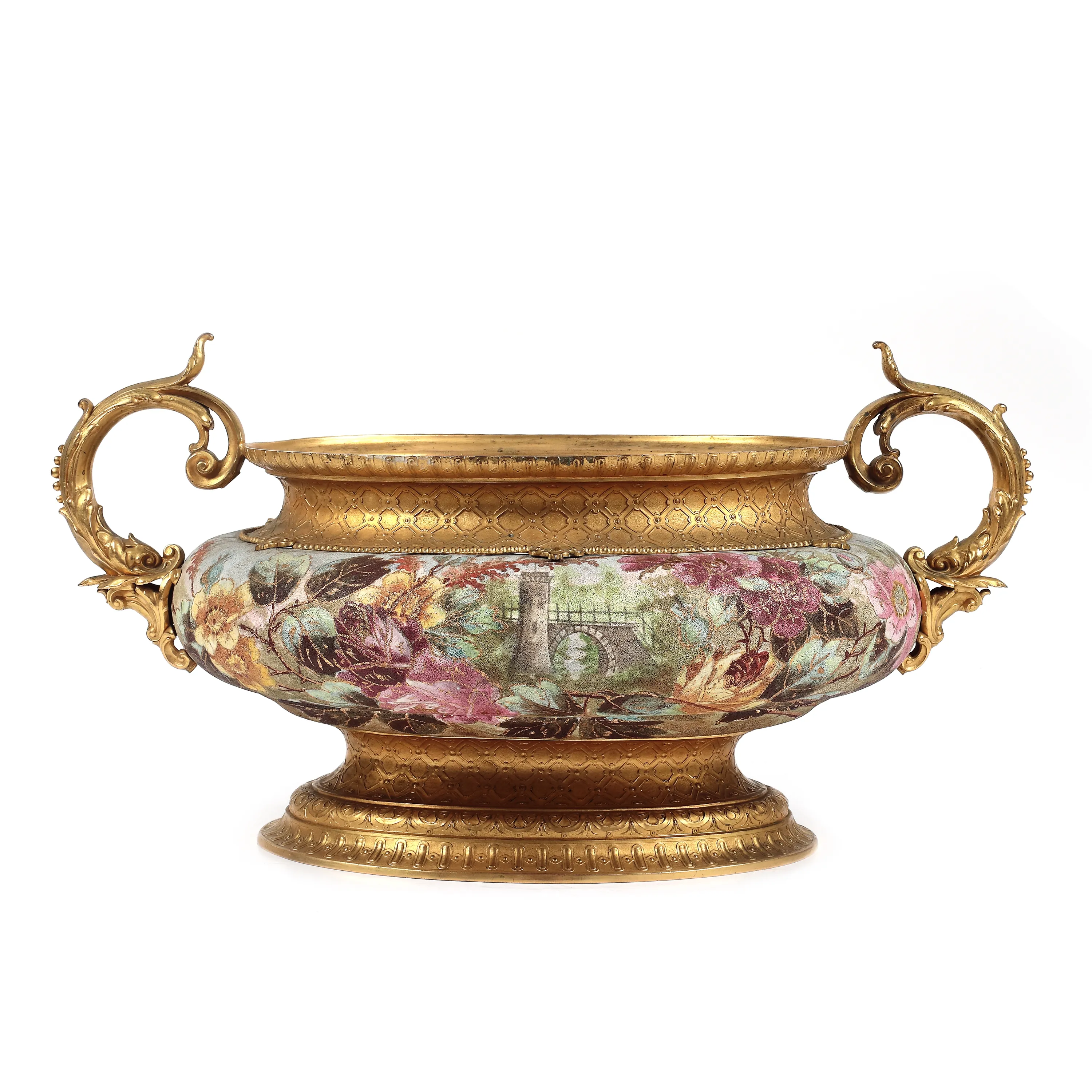 Jardinieră Royal Bonn din porțelan și bronz doré, pictată manual cu flori, a doua jumătate a sec. XIX