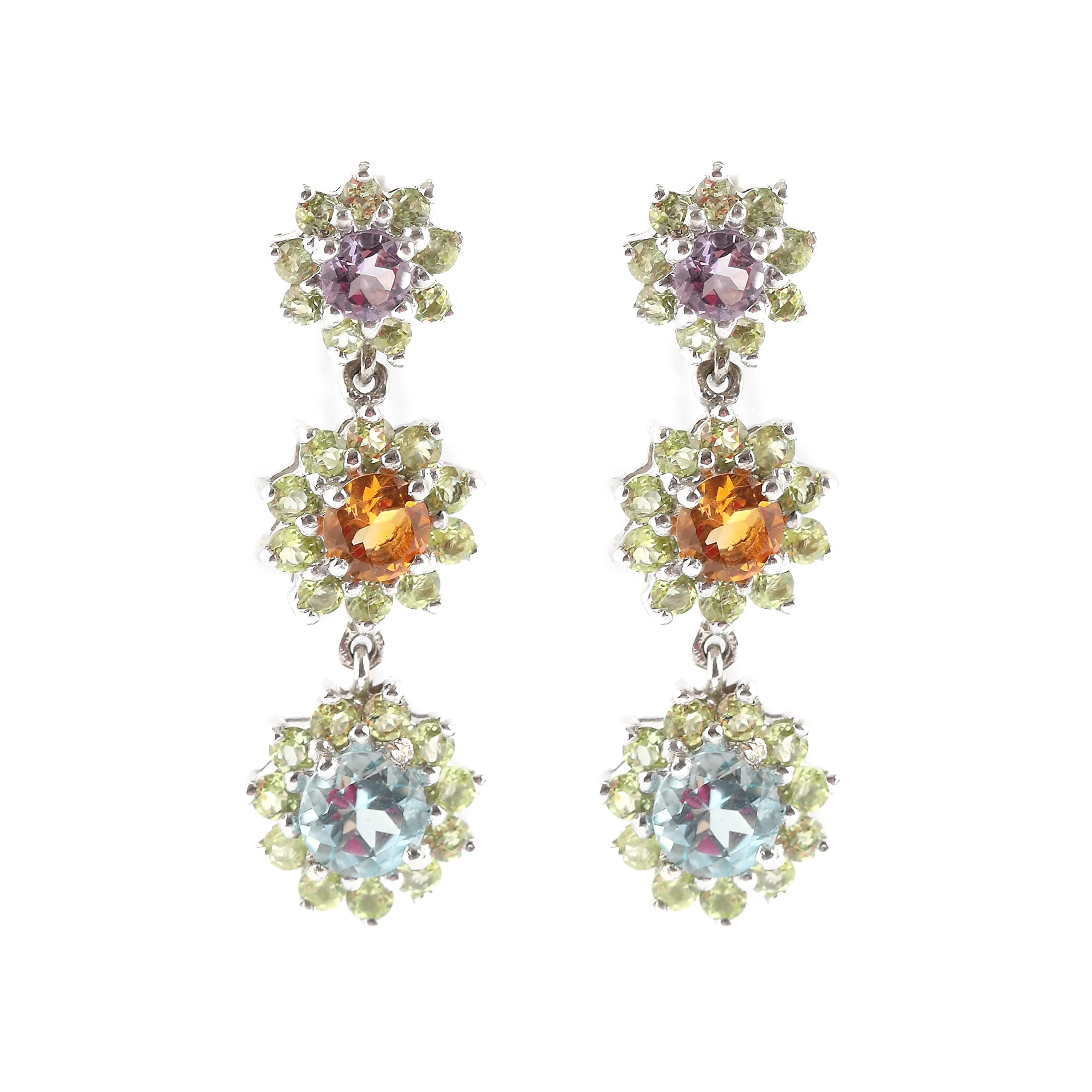 ”Spring flowers” - pereche de cercei din argint decorată cu topaze, citrine, ametiste și peridote