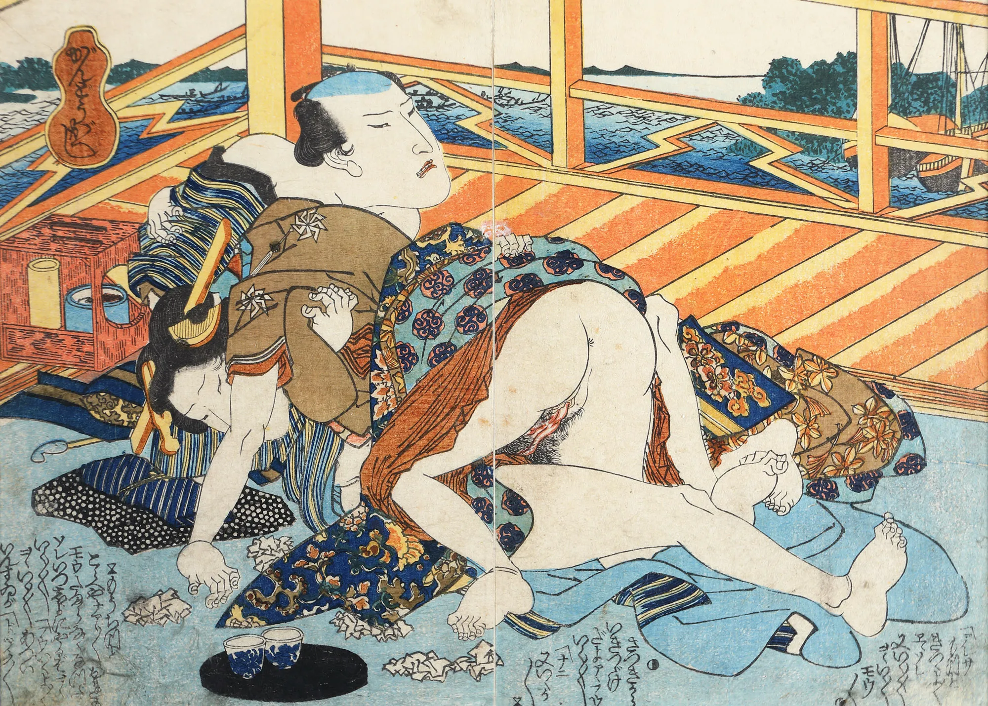 Erotic scene (Shunga) depicting a passionate couple on a pontoon