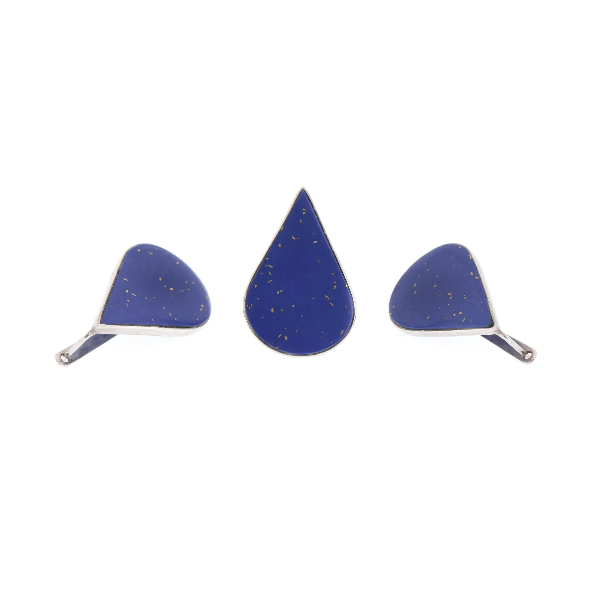 Set din argint Art Deco, format din inel și pereche de cerce, decorat cu lapis lazuli, designer Jakob Bengel, cca. 1930