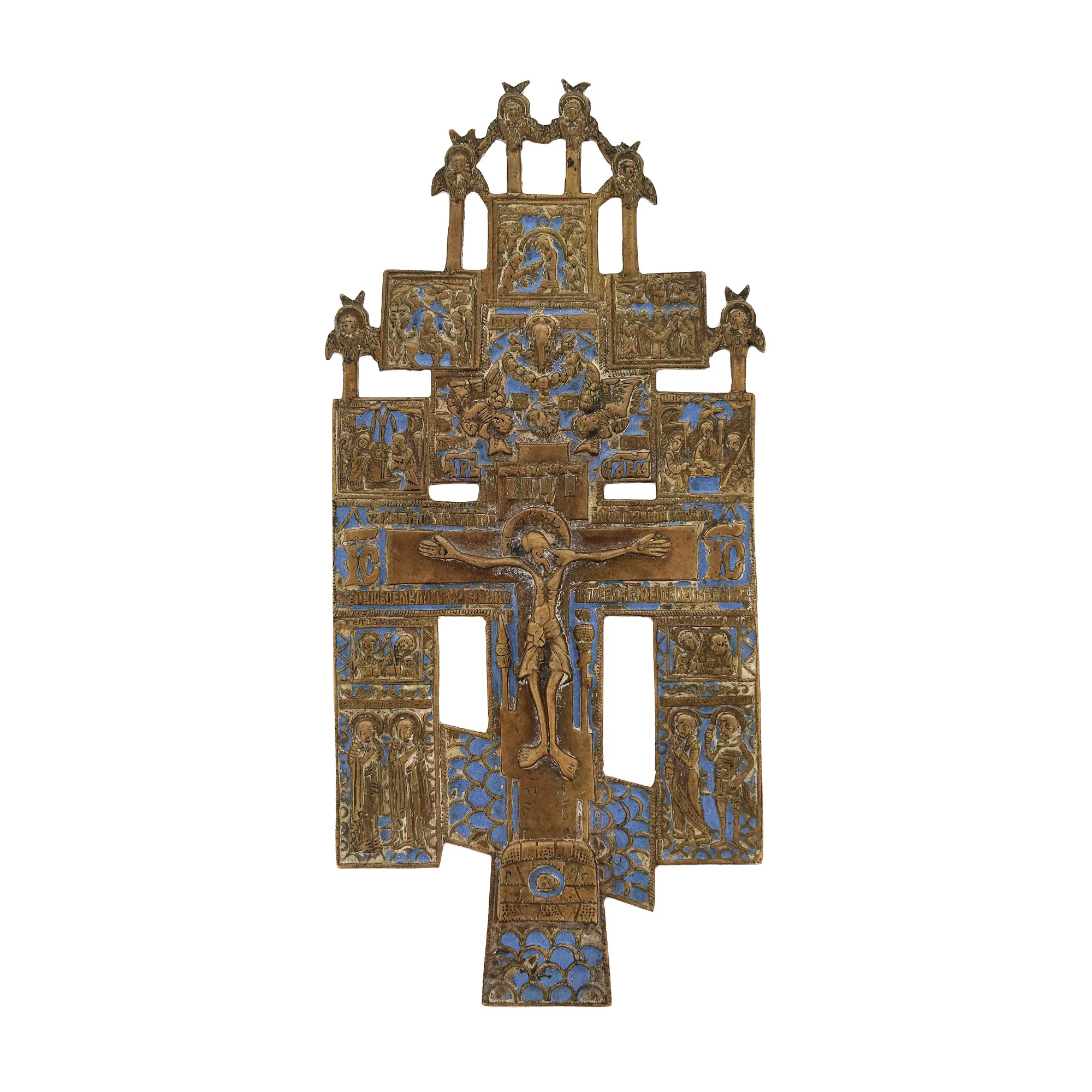 Cruce de mână din alamă, decorată cu email, "Iisus Răstignit", atelier rusesc, sec. XIX