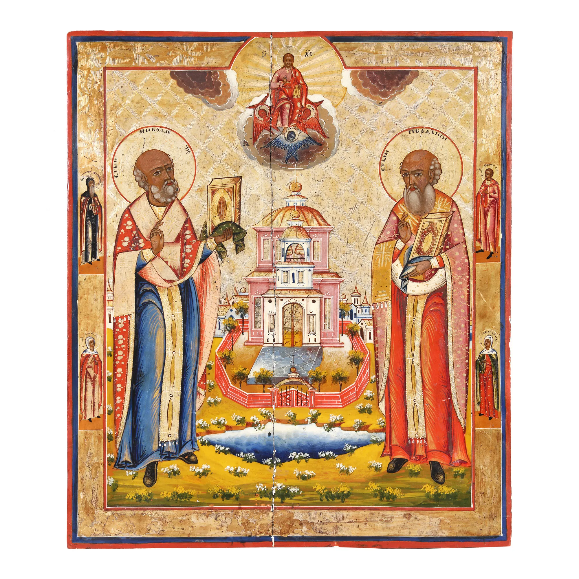 "The Holy Hierarchs Nicholas and Partenie", titular saint icon on wood, Russian school, the second half of the 19th century, rarity