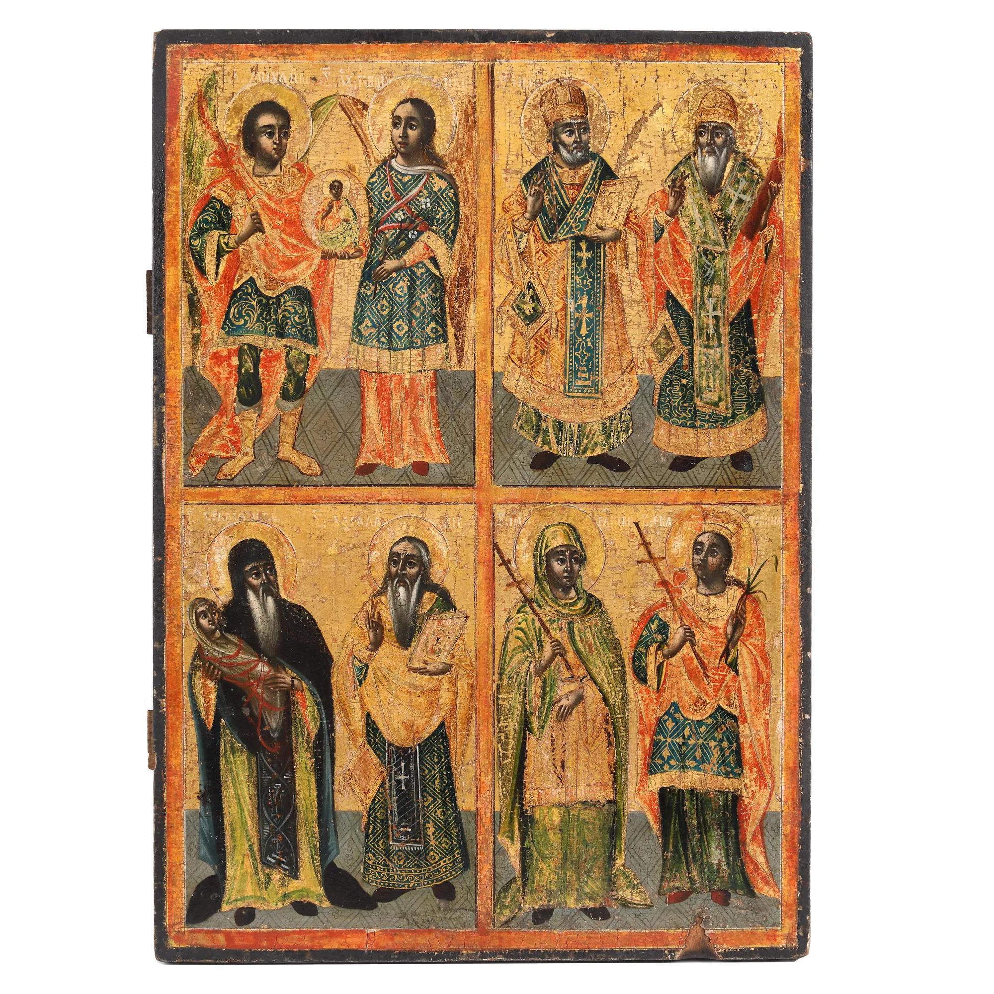 "The Holy Archangels Michael and Gabriel, The Holy Hierarchs Nicholas and Spiridon, The Holy Hierarchs Stelian and Haralambie and The Holy Martyrs Paraschiva and Catherine", four panel icon on wood, Romanian school, early 19th century