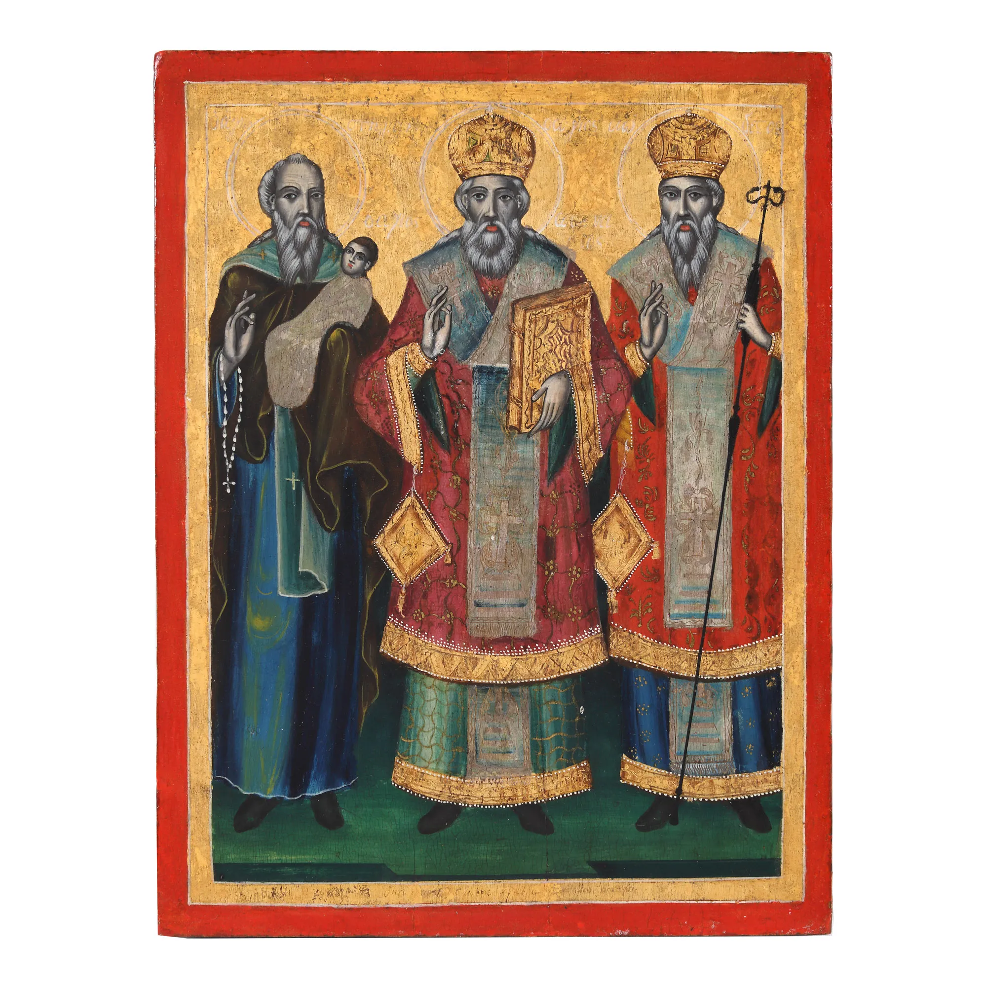 "Saints Stelian, Atanasie and Modest", icon on wood, Greek school, 1877