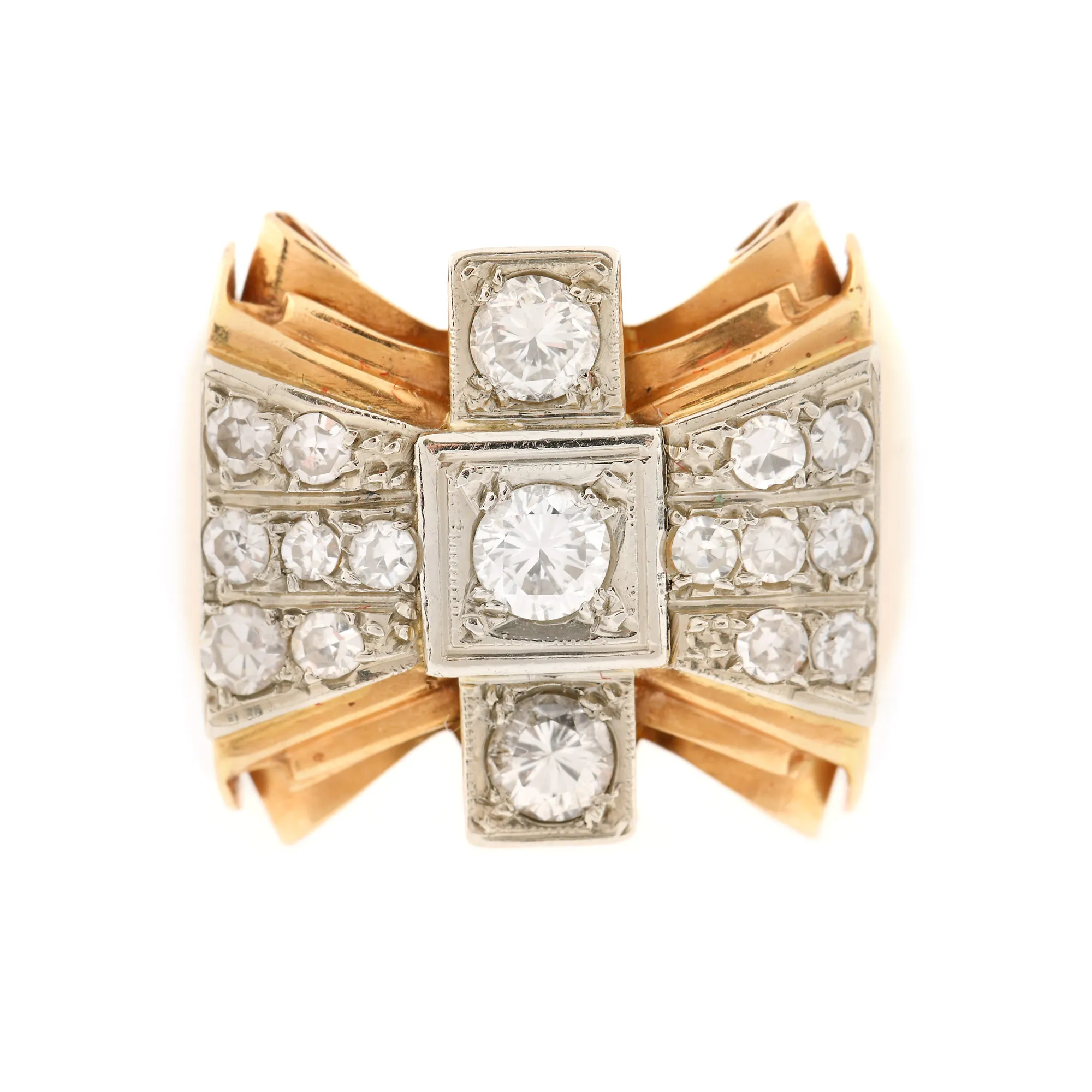 Retro ring, gold in two colours, in the shape of bow-knot, decorated with diamonds