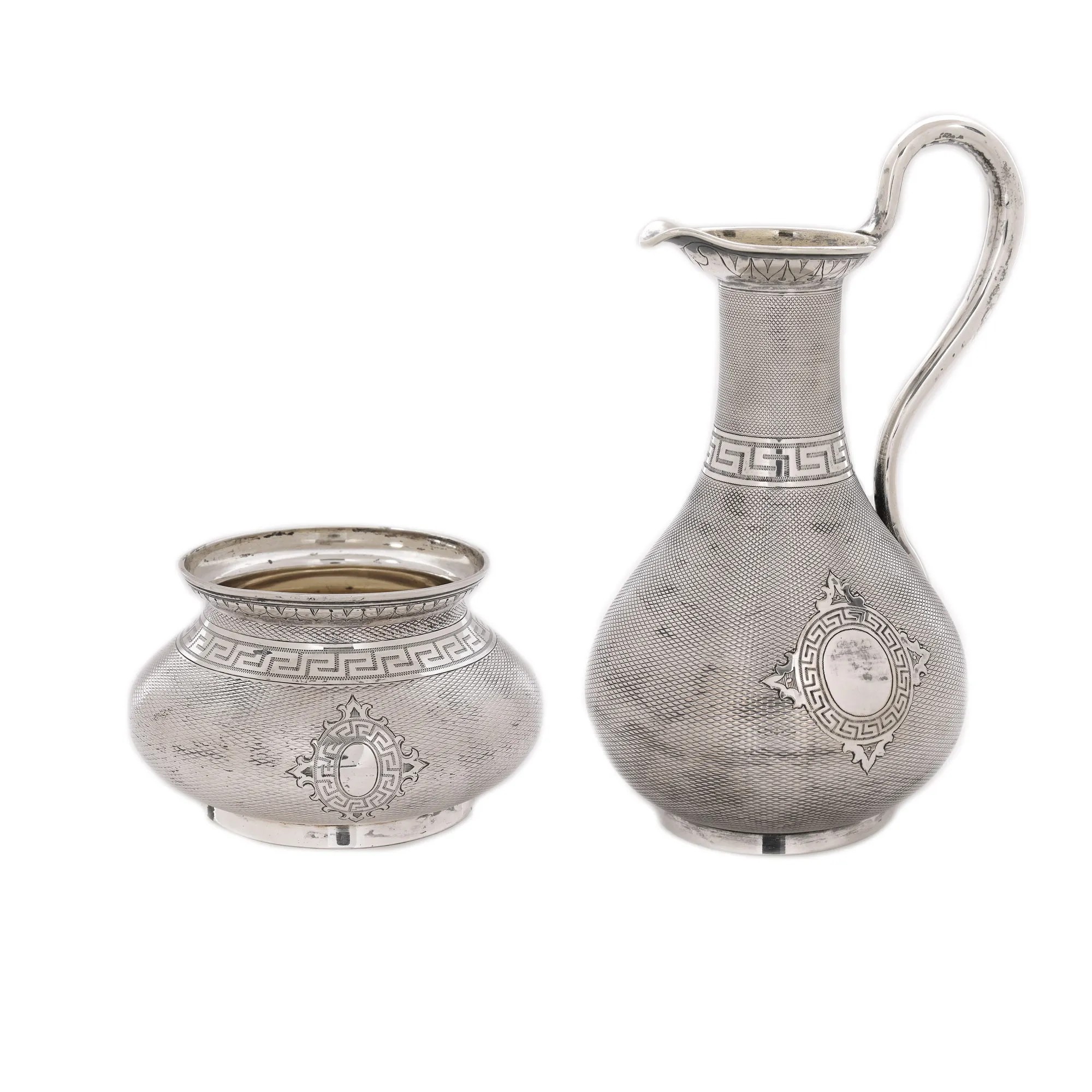 Milk pot and sugar bowl, silver, guilloche decoration, the second half of the 19th century