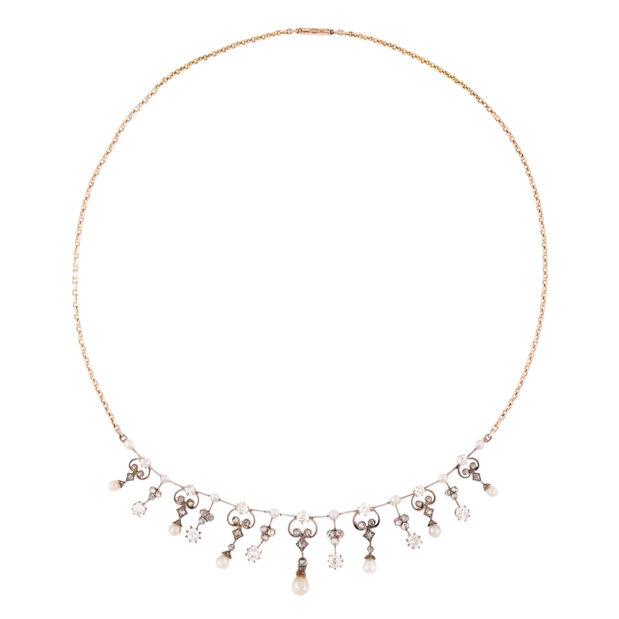 Belle Époque necklace, gold and silver, decorated with diamonds and pearls, Joseph Resch Fils original box