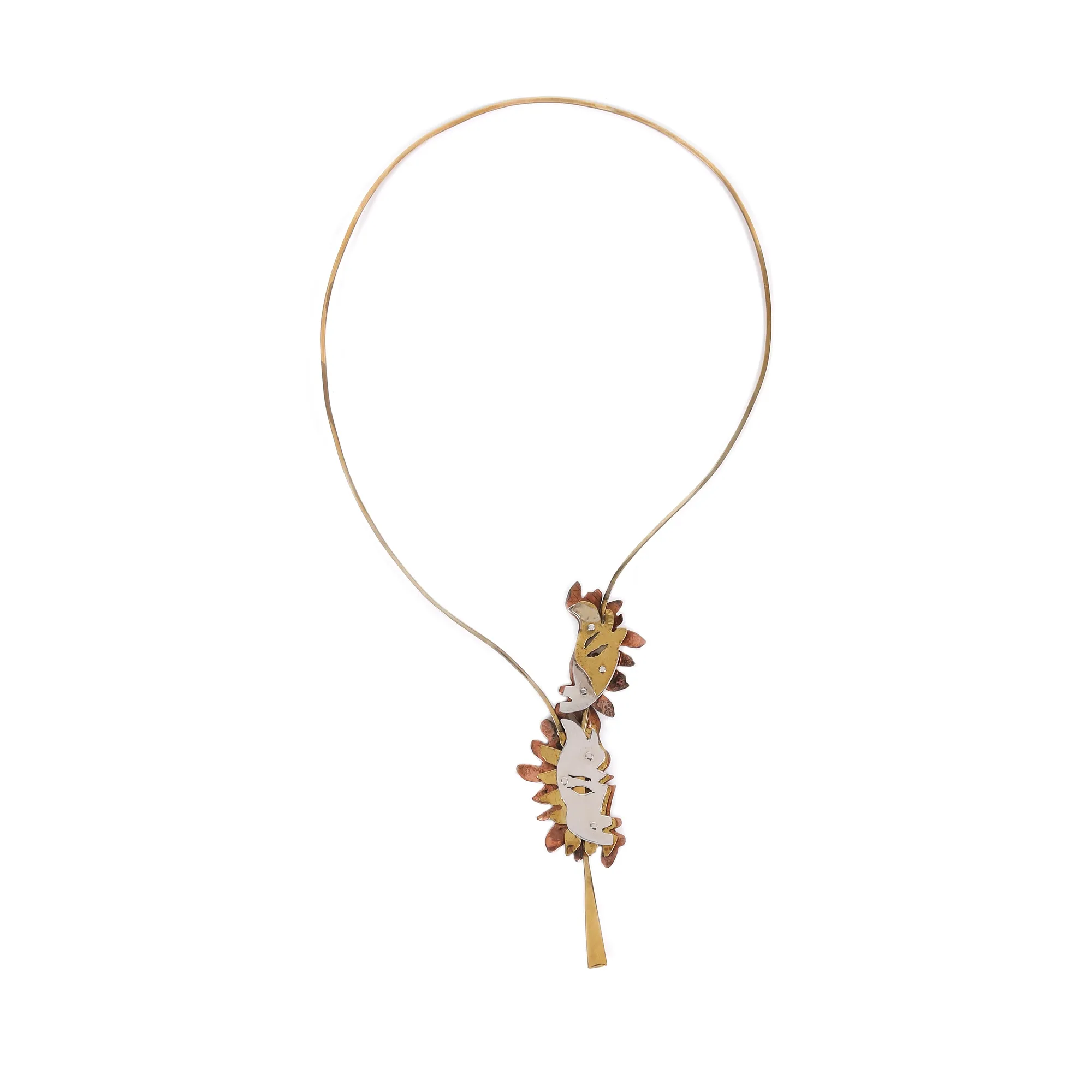 Copper, brass, and silver set consisting of a necklace and a pair of earrings, decorated with Venetian masks, handcrafted, unique design