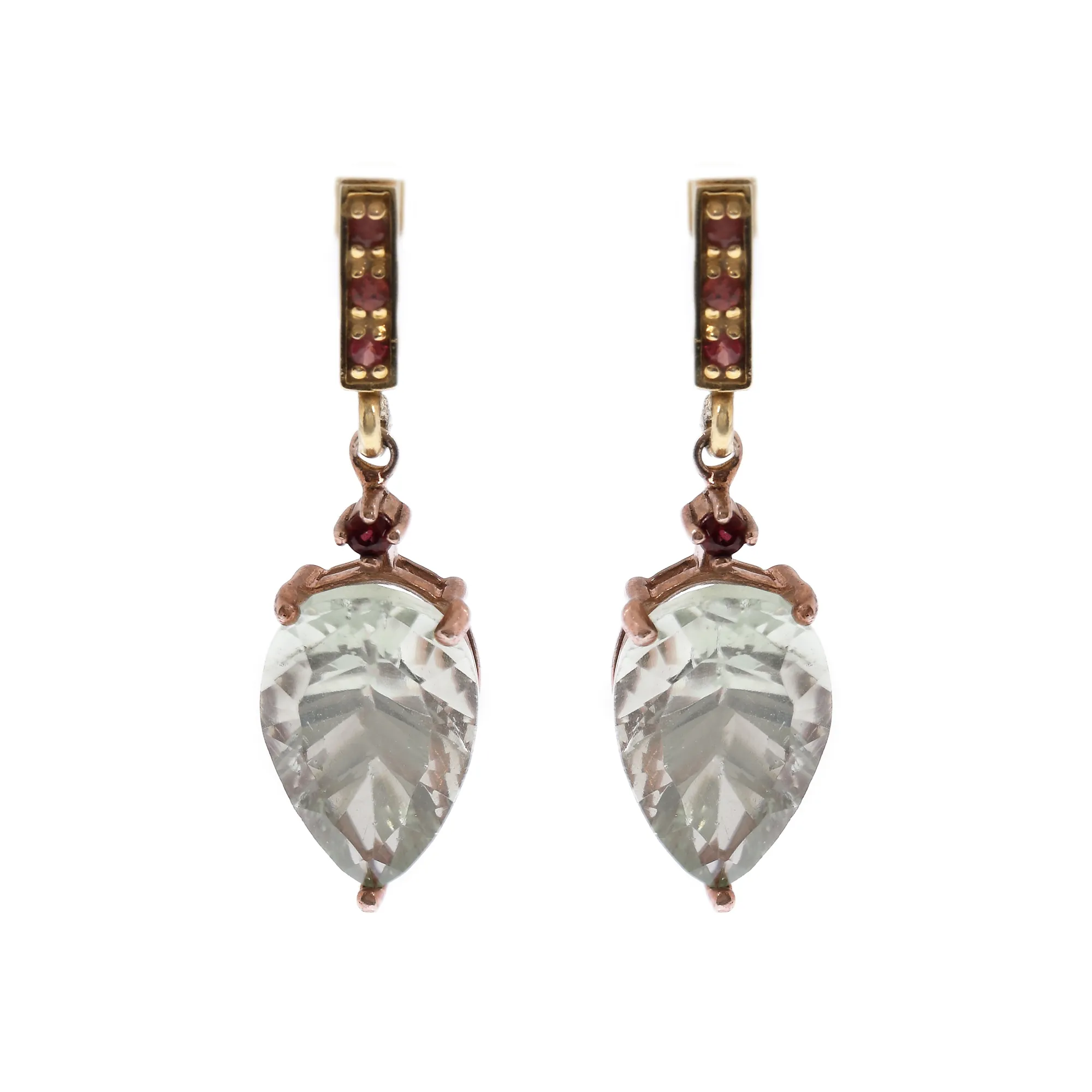 Pair of gold-plated silver earrings decorated with prasiolite and rubies