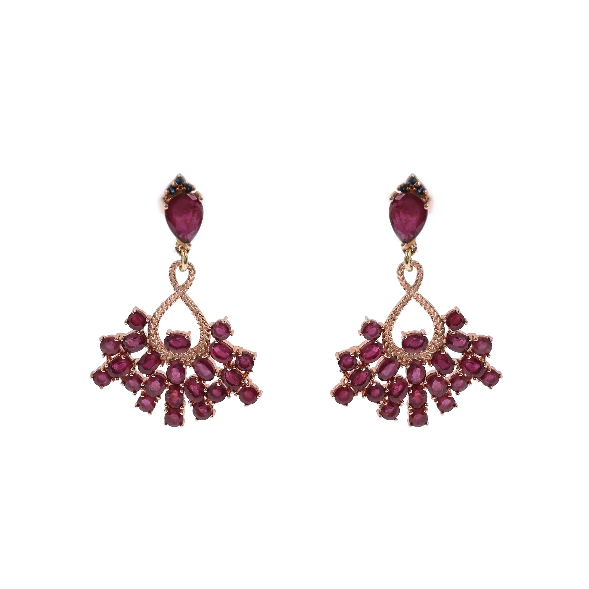 Pair of gold-plated silver earrings decorated with rubies and sapphires
