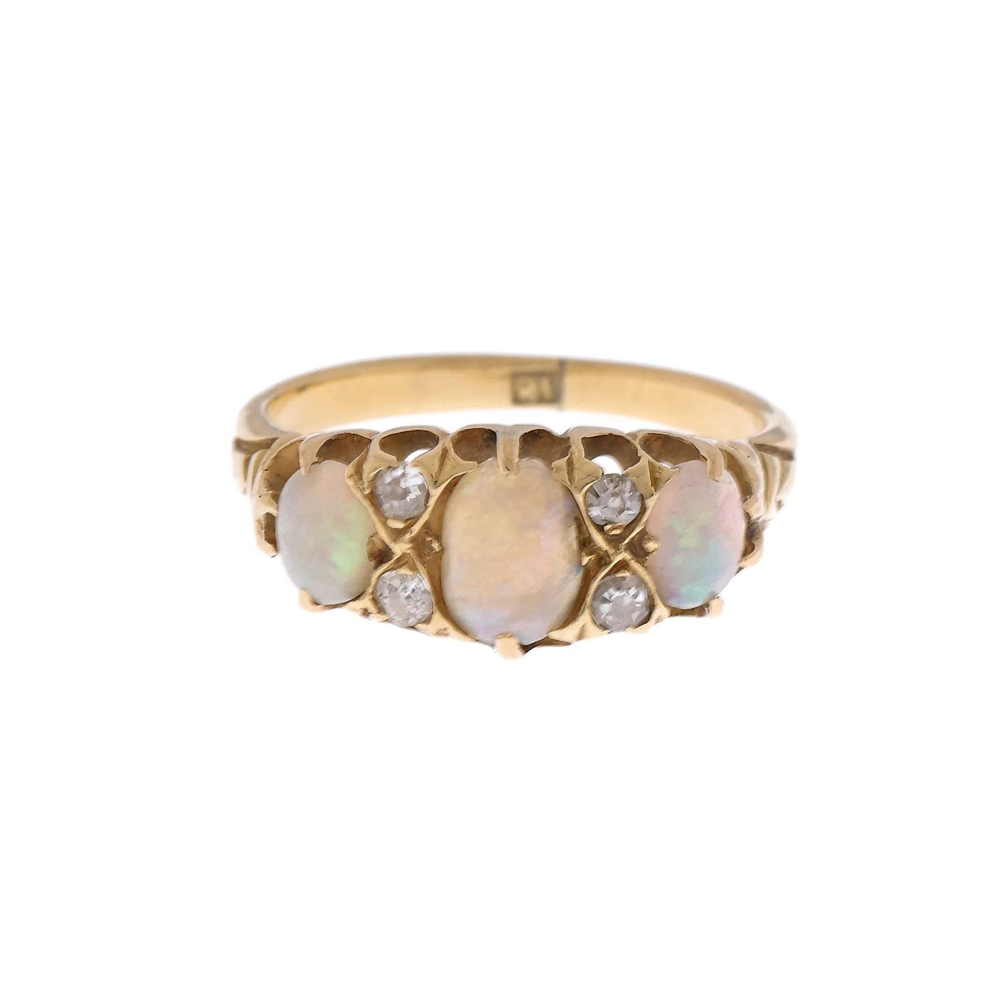 Gold ring decorated with opals and diamonds