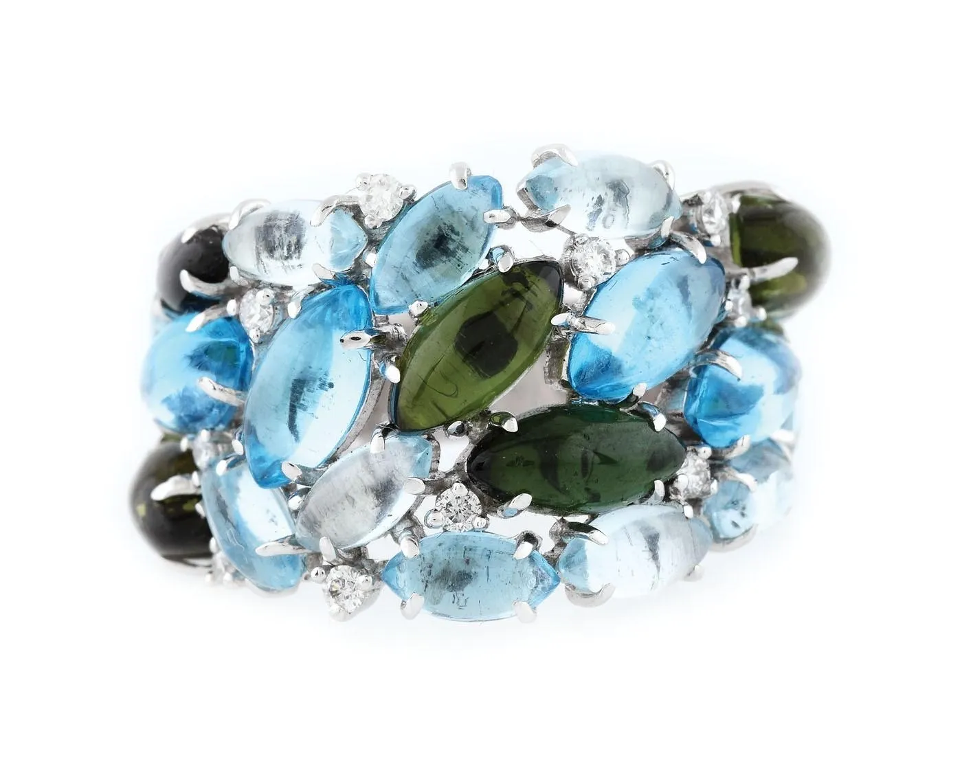 Gold ring decorated with tourmalines, topazes, and diamonds