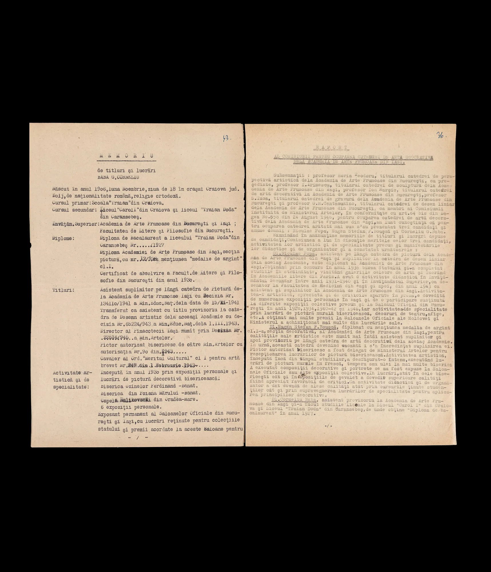 Memorandum written by Corneliu Baba and reply of the Academy of Fine Arts of Iași, approx. 1946, with autographs of Corneliu Baba, Horia Teodoru, Ion Irimescu and Ion Marșic (4 sheets)