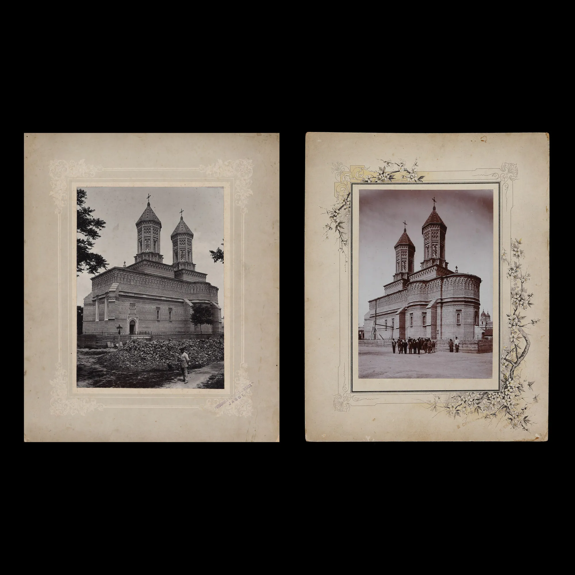 Lot format din două fotografii de epocă ilustrând biserica Sfinții Trei Ierarhi din Iași, atelier fotografic Weiss, Iași, cca. 1904, provine din colecția gravorului Gabriel Popescu