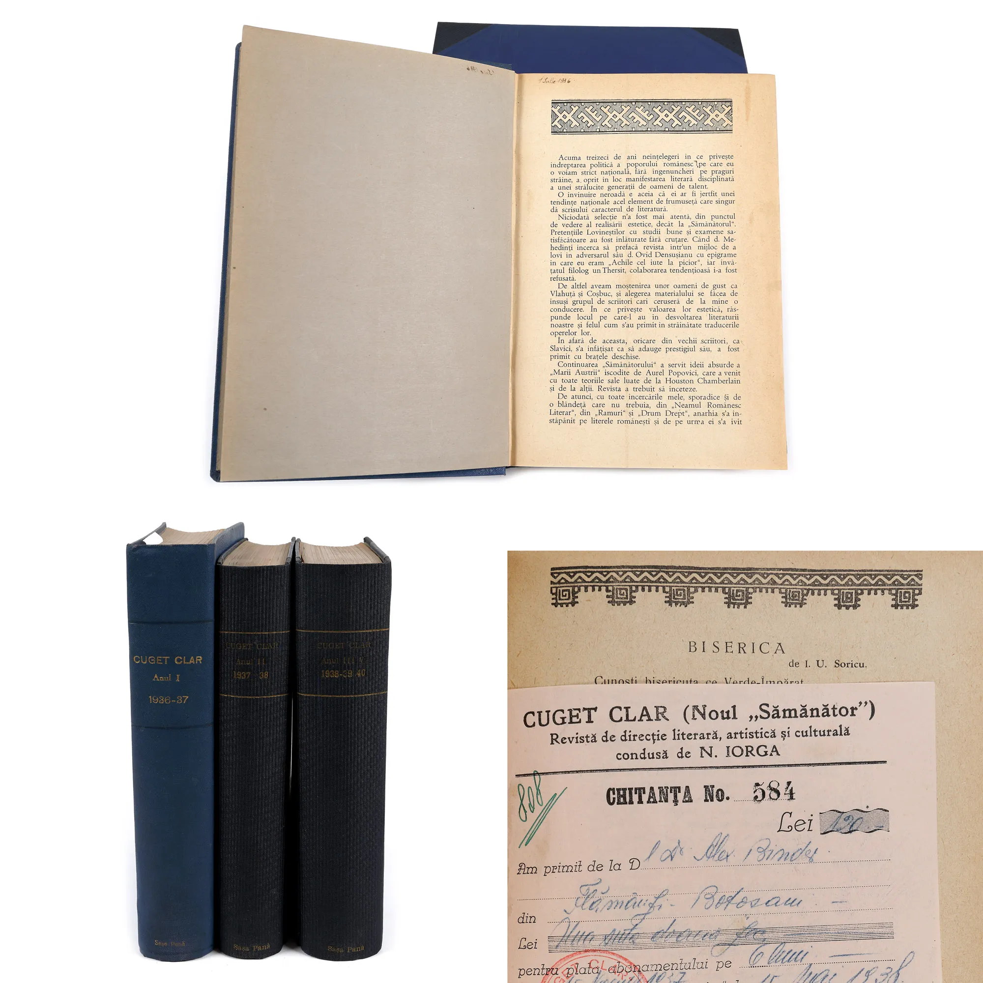 Colecție revista ”Cuget clar (Noul „Sămănător”)”, condusă de Nicolae Iorga, colegat de trei volume, București, 1928-1940, cu însemnările olografe ale lui Sașa Pană, provine din colecția poetului avangardist Sașa Pană, piesă rară